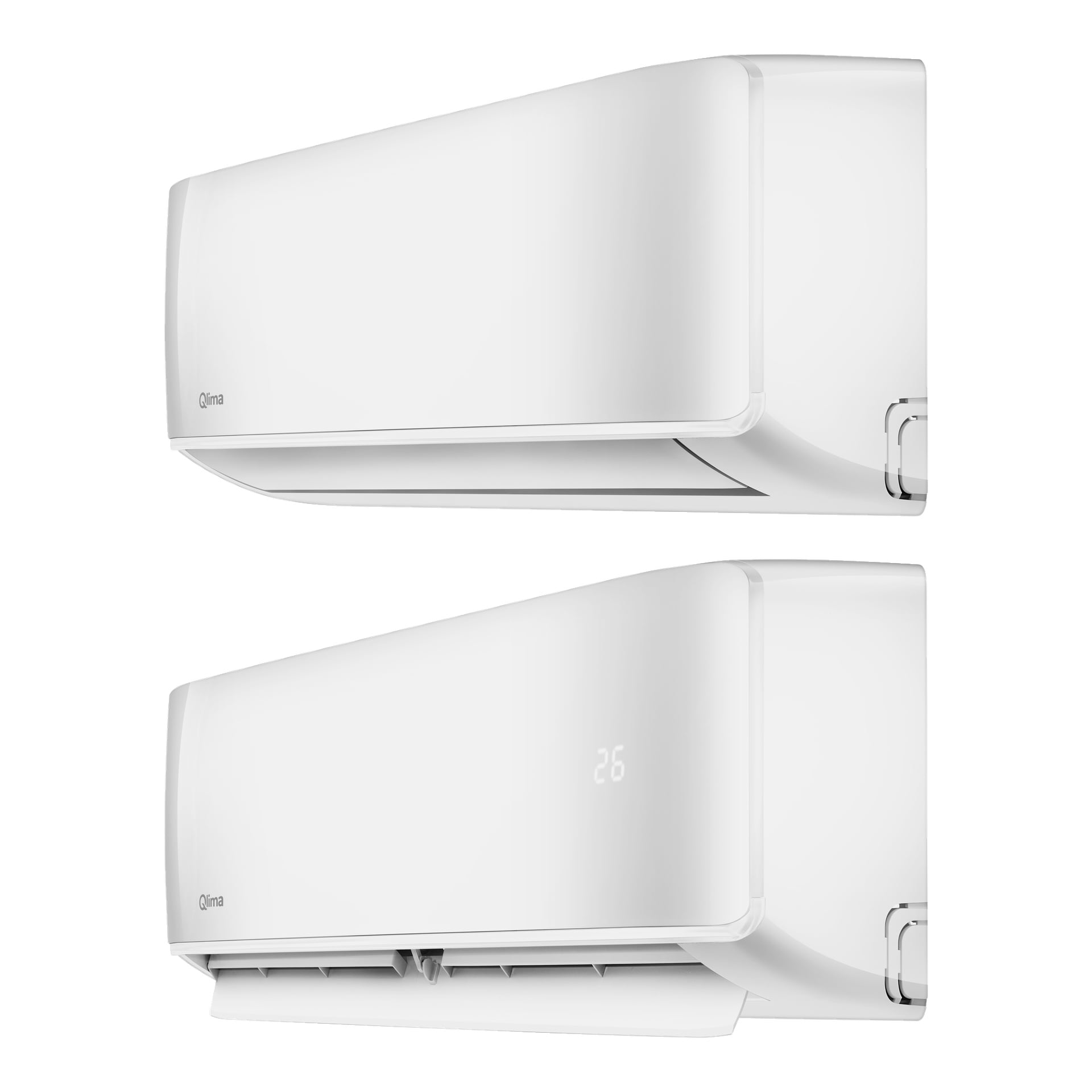 Två vita Qlima Air värmepumpar S-JA 2522 är placerade sida vid sida. Den övre enheten är stängd, medan den nedre enheten har sin frontpanel öppen för att avslöja ventilen. Den digitala displayen på den nedre enheten visar 26.