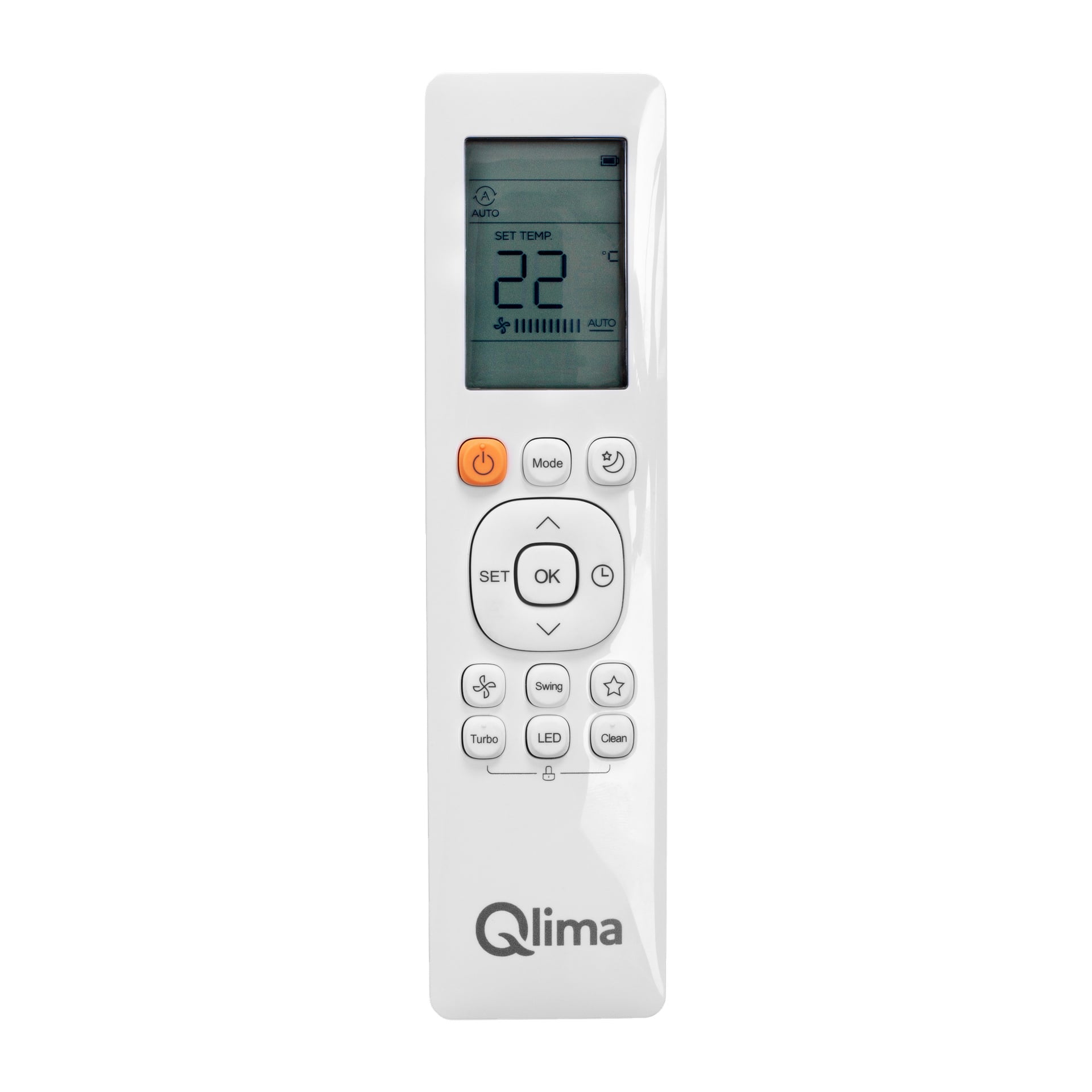En vit Qlima-fjärrkontroll för luftvärmepumpen S-JA 2522 har en LCD-skärm som visar aktuella inställningar. Enheten är utrustad med flera knappar, inklusive ström, läge, temperaturkontroll, fläkthastighetsjustering och funktionsknappar. Qlima-logotypen syns vid basen av fjärrkontrollen.