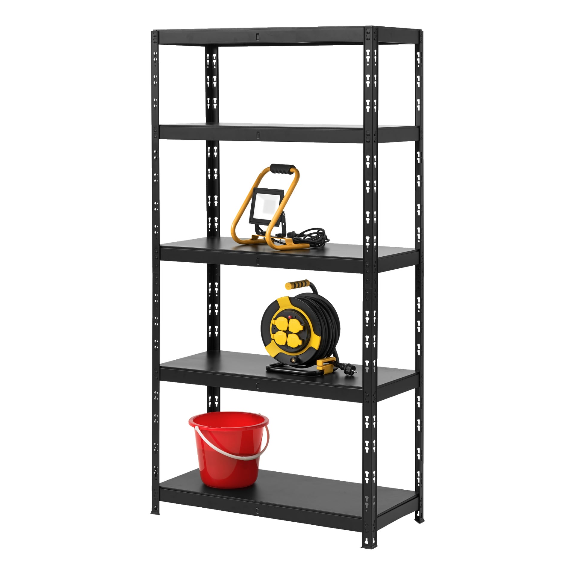 En svart metallhylla för Hard Head Storage med fem våningar: den översta och fjärde hyllan är tomma; den andra hyllan visar en gul arbetslampa; den tredje håller en gul och svart förlängningssladdrulle; Den nedersta hyllan har en röd hink.