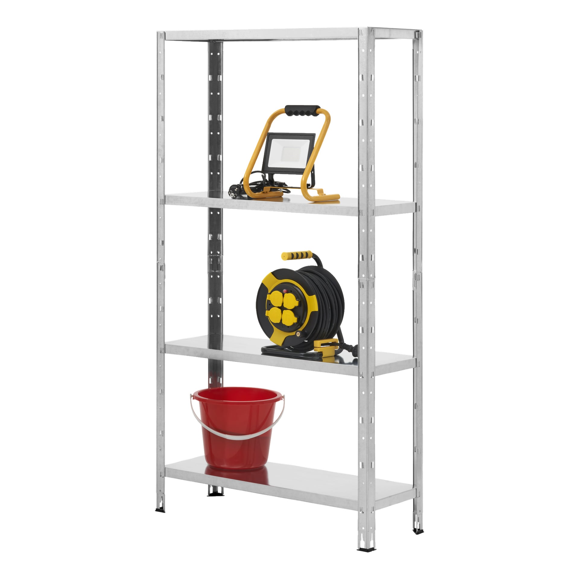 En hylla för Hard Head Storage med fyra våningar rymmer en portabel arbetslampa, en kabelrulle och en röd hink, var och en placerad individuellt på separata hyllor.