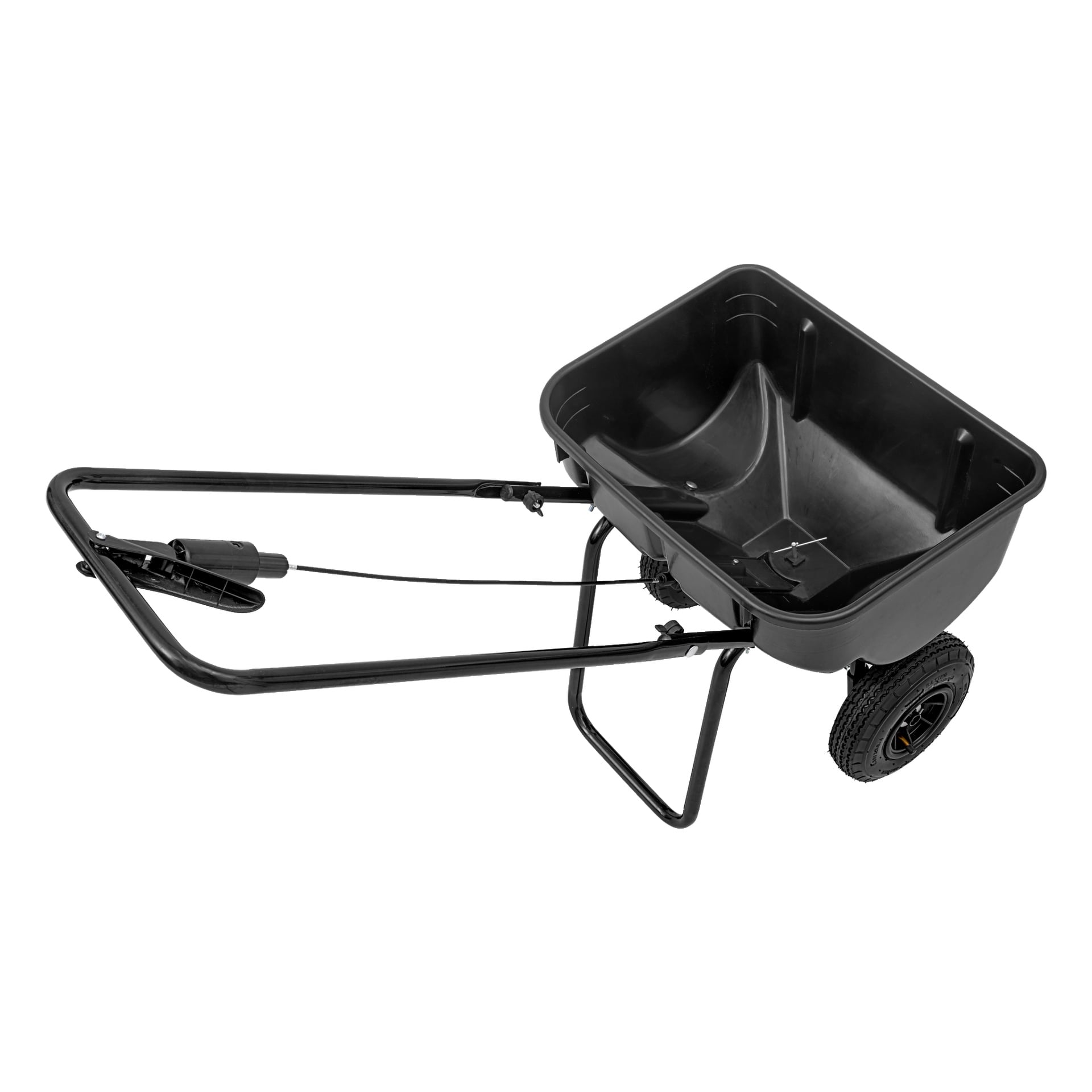 Hard Head Spreader med svart plastkropp, två hjul, en rymlig öppen behållare, hållbar metallram och ett handtag utrustat med en hävstångsmekanism. Spridaren är tom.