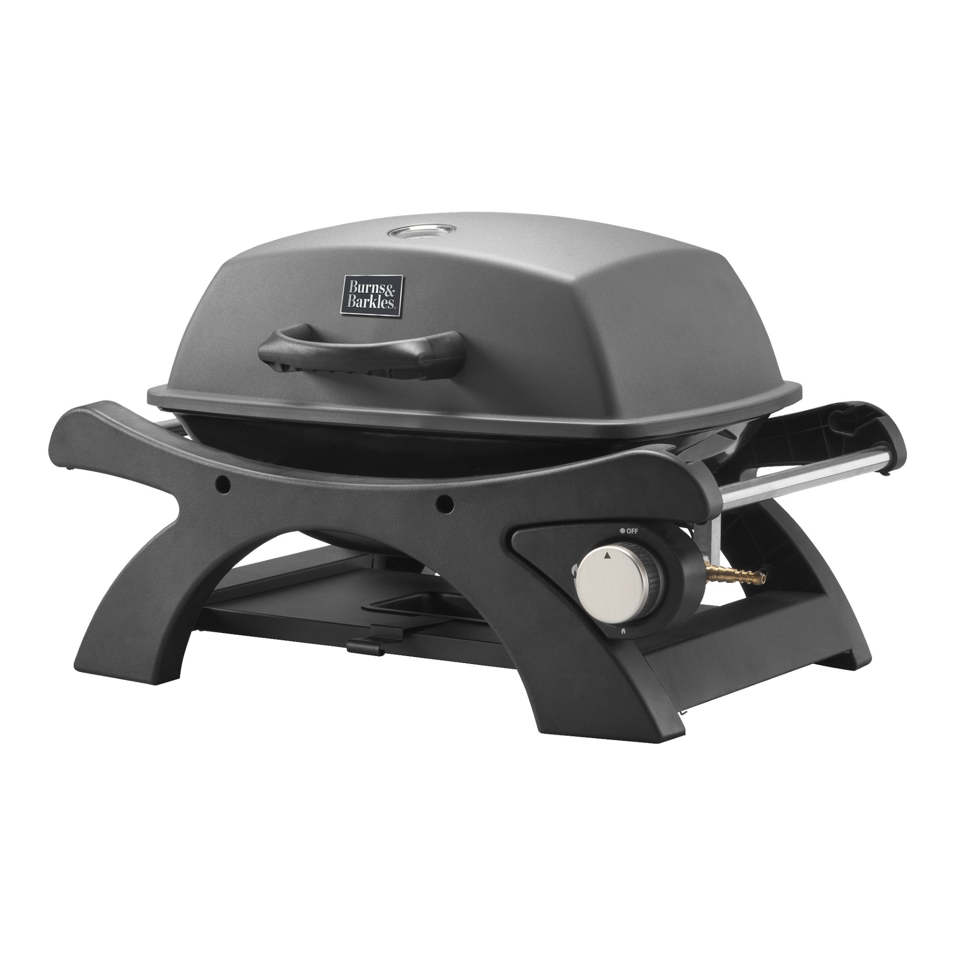 En svart Burns & Barkles Steely King 4735 portabel bordsgasgrill med locket stängt, med en kontrollratt och en stadig bas. Locket visar Burns & Barkles logotyp.