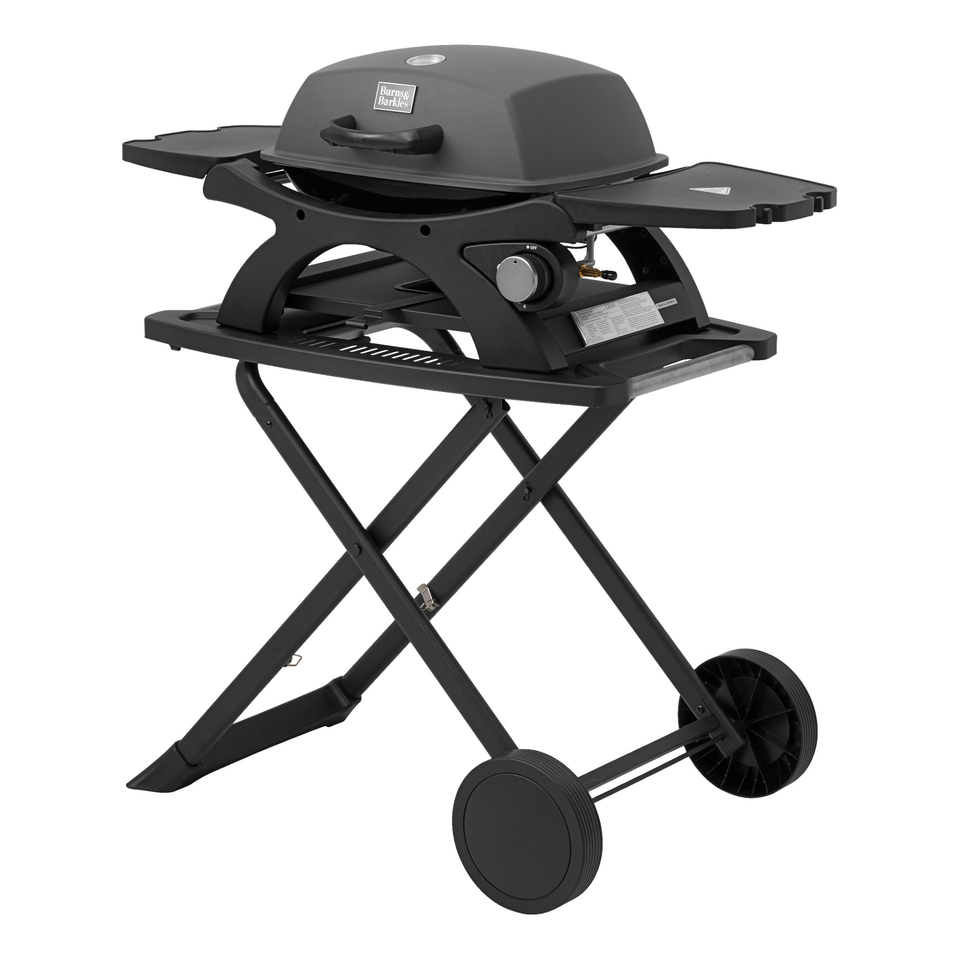 Burns & Barkles Portable Gas Grill Steely King 4735 är en modern svart grill med lock, praktiska sidohyllor och ben som kan fällas för bekvämlighet. Den har två rymliga hjul för portabilitet och en förvaringshylla under. Kontrollratten och tändaren sitter på frontpanelen inom lättillgänglighet.