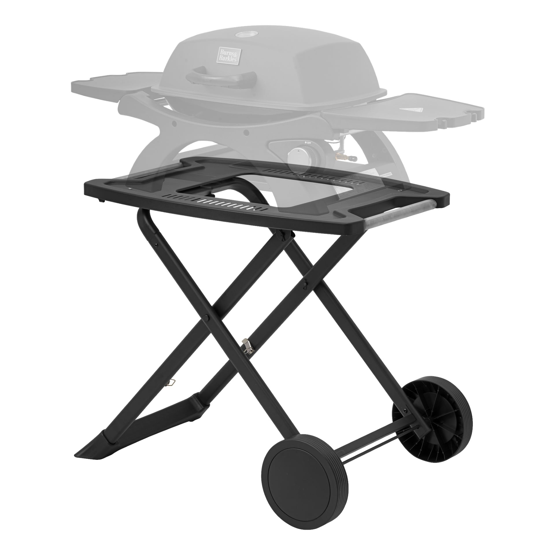 Burns & Barkles Barbecue Trolley är ett kompakt svart vagnsstativ med hopfällbara ben och två stora hjul för enkel transport. Endast vagnen ingår; Grillen som visas som en genomskinlig kontur ovan används endast som referens.