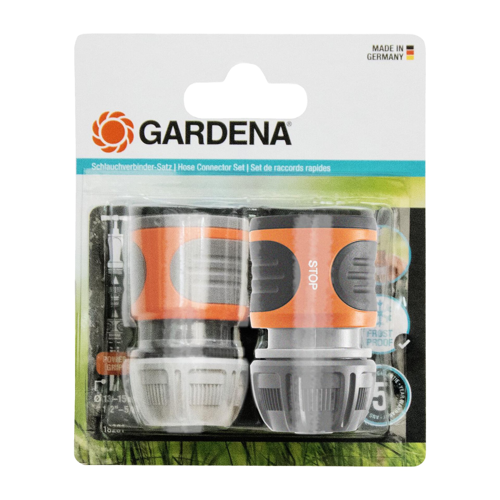 Två orange och grå "Stop connector + quick connector" slangkopplingar från Gardena, förpackade i plast med text som beskriver produkten. Förpackningen anger att de är tillverkade i Tyskland och avsedda för att koppla ihop trädgårdsslangar.
