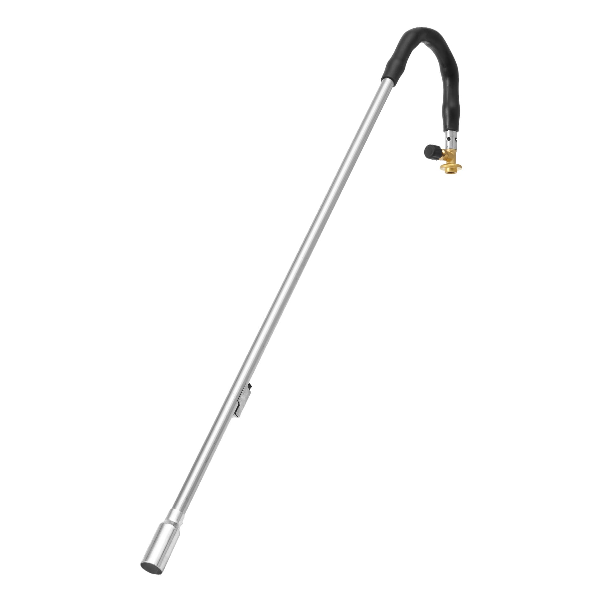 Meec Tools Weed Burner har en lång metallstav, ett böjt svart handtag, en mässingsventil och en lättanvänd avtryckare. Lågan som produceras från munstycket är avsedd för ogräsborttagning eller uppvärmning.