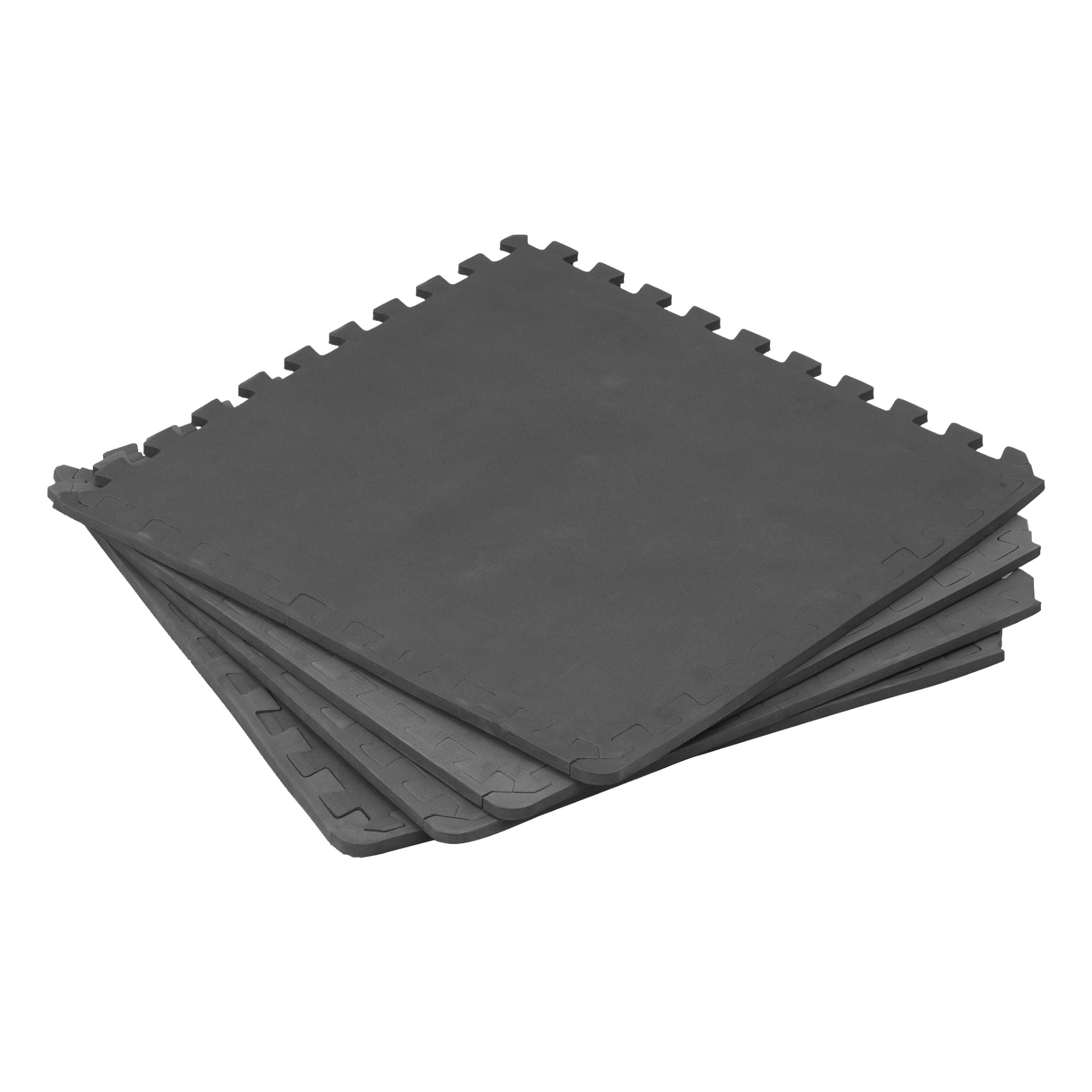 En stapel av fyra svarta Kayoba Exercise Mats visas, var och en med sammanlänkade pusselkanter designade för enkel montering.