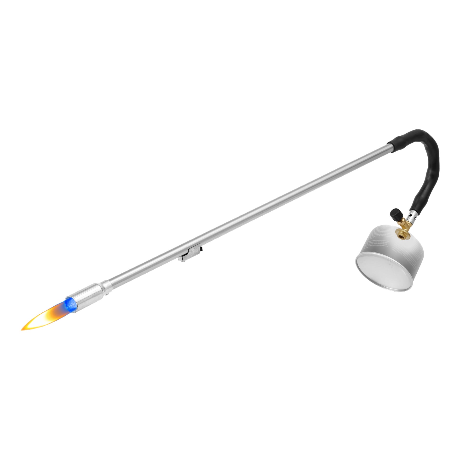 En Meec Tools weed-brännare med förlängt handtag och svart grepp, utrustad med en metallbränslebehållare i änden. En liten blå och orange låga dyker upp vid spetsen av munstycket.
