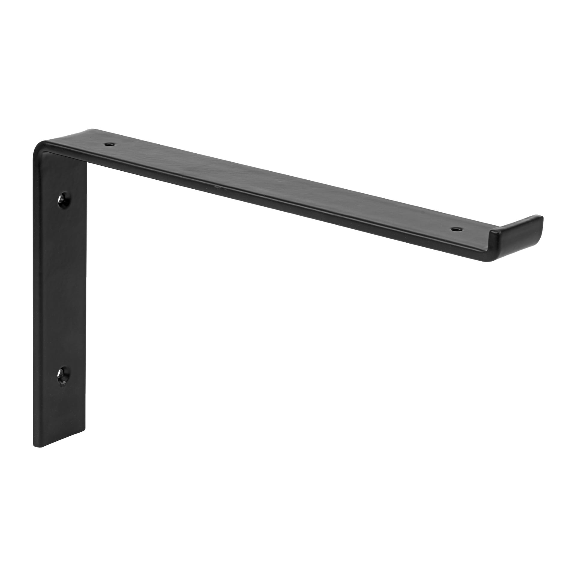 Ett svart metallfäste med en L-form, designat med tre hål längs den upprätta delen för montering och en lätt uppåtvänd kant i änden av den horisontella armen. Det övergripande utseendet är enkelt och funktionellt.