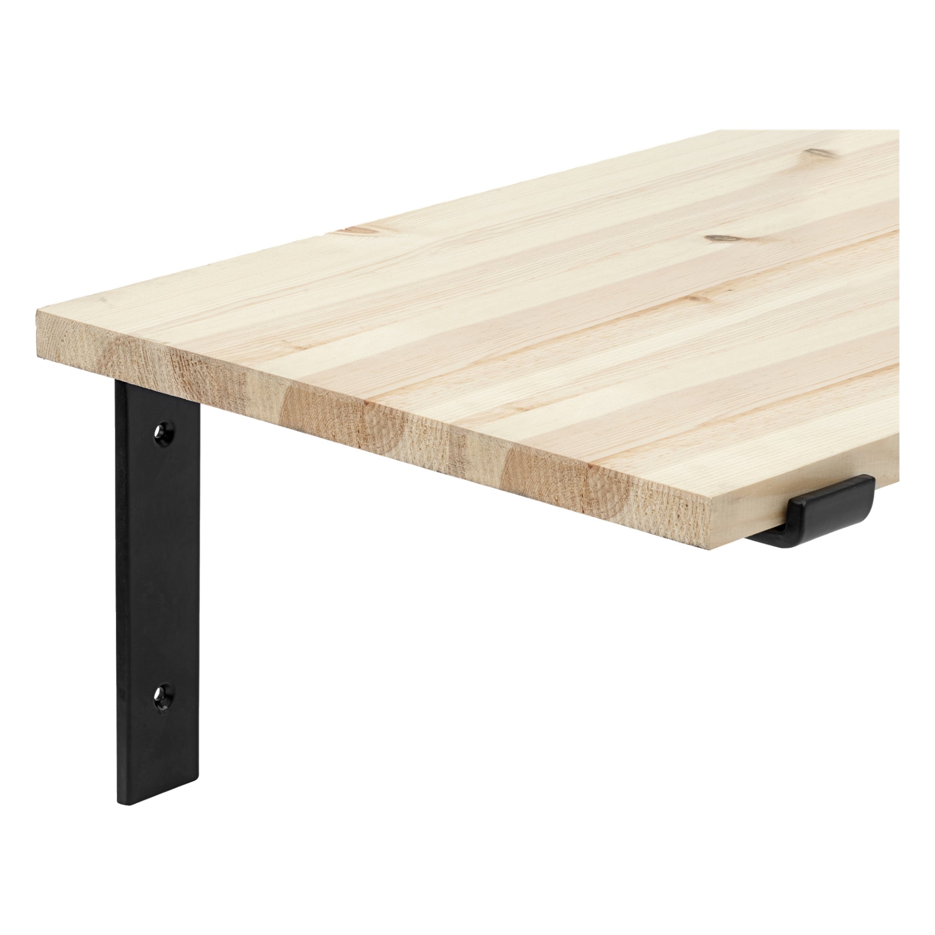 Närbild av en rektangulär trähylla med en ljus, naturlig finish, stödd på väggen av svartmetall hårda huvudfästen.