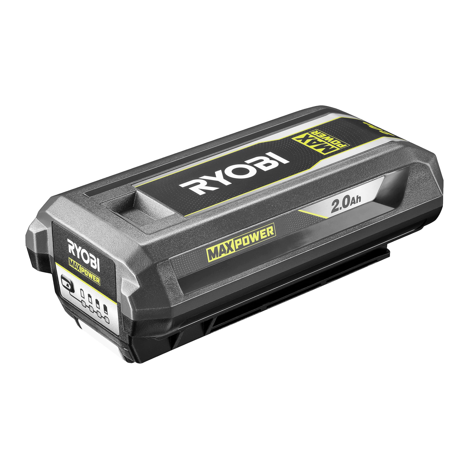 Ryobi Max Power RY36B20B 2,0Ah 18V litiumjonbatteripack ser vinklad ut och visar sin djärva märkning, en synlig effektindikator och ett stadigt grått och svart plastfodral med gula detaljer.
