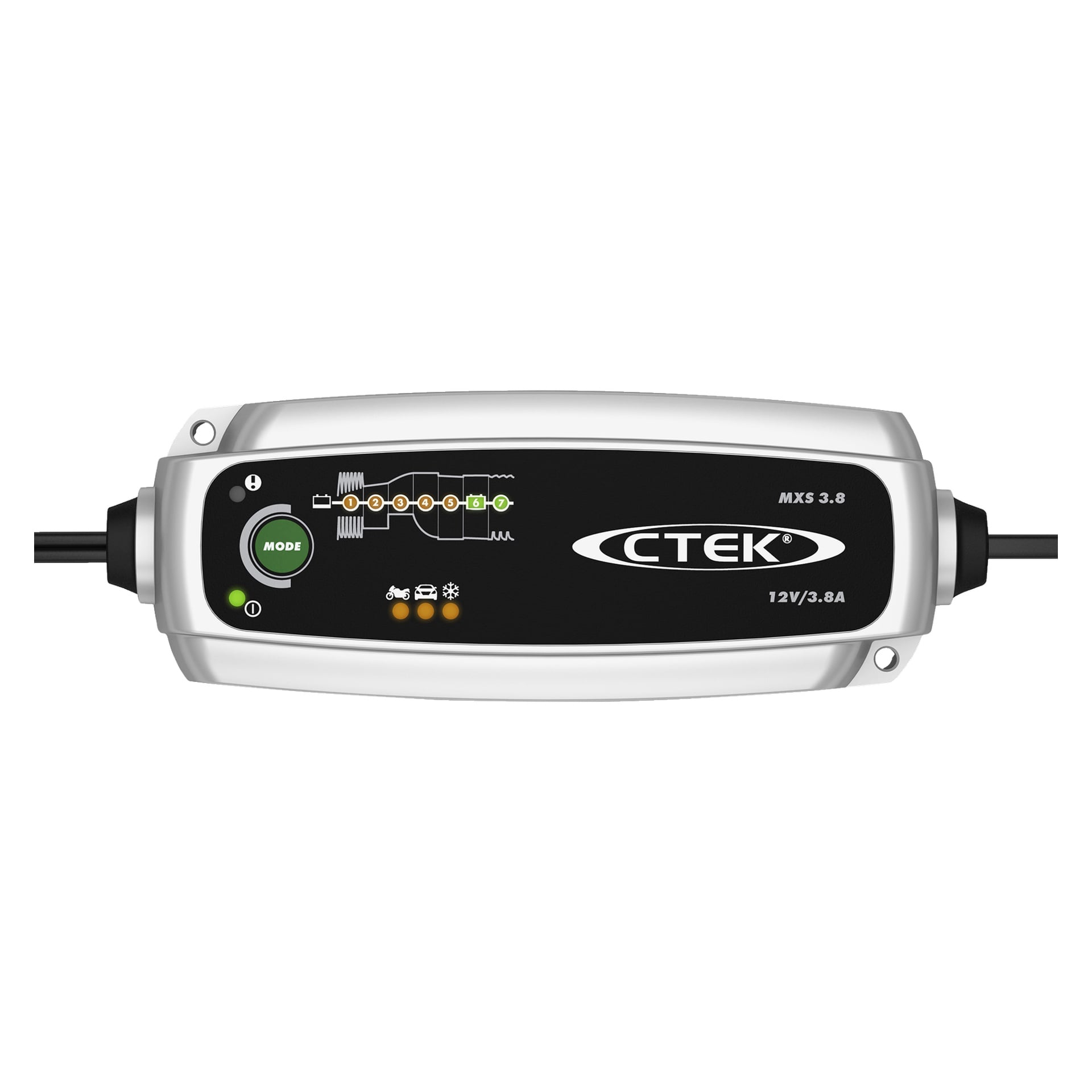 CTEK MXS 3.8 är en 12-volts batteriladdare med indikatorlampor och en lägeknapp framtill, som visar laddningsförlopp och möjliggör val av olika fordonstyper.