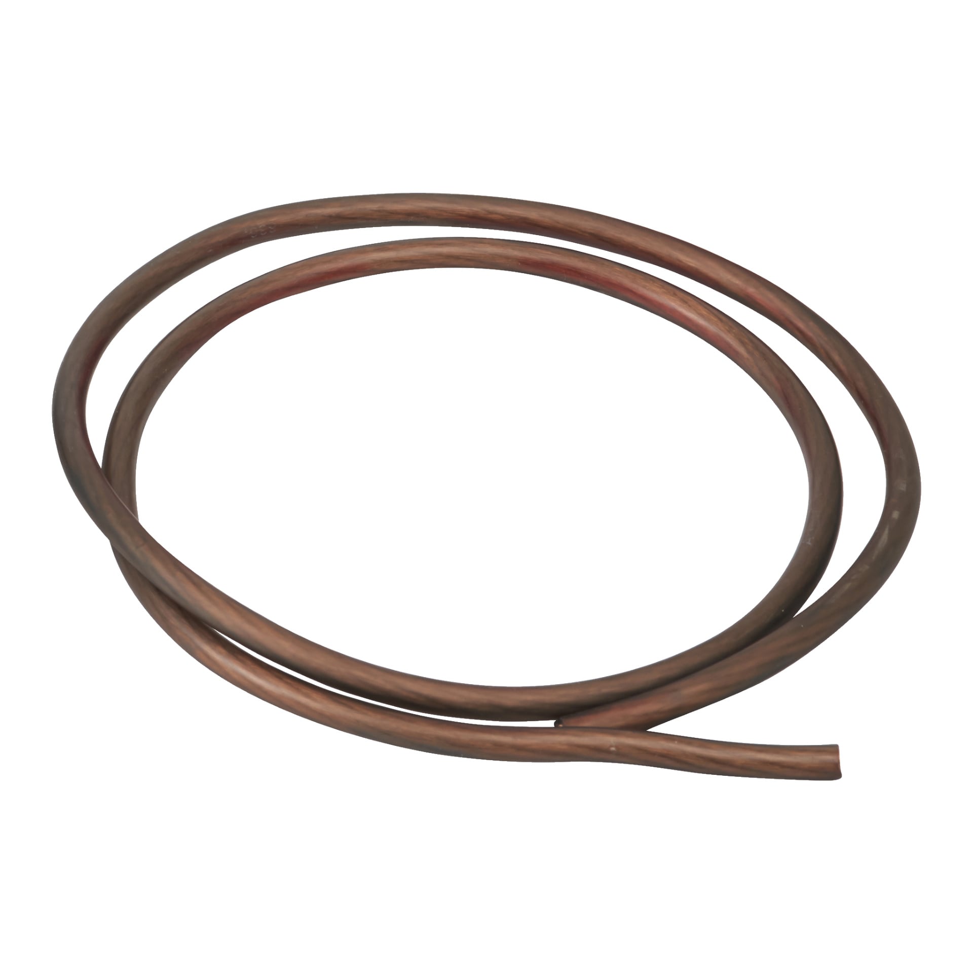 Ett Hamron CCA-kabelkit för effektförstärkare, som visar en enkel spiralad kabel med en slät rödbrun finish och ena änden som är något tillplattad.