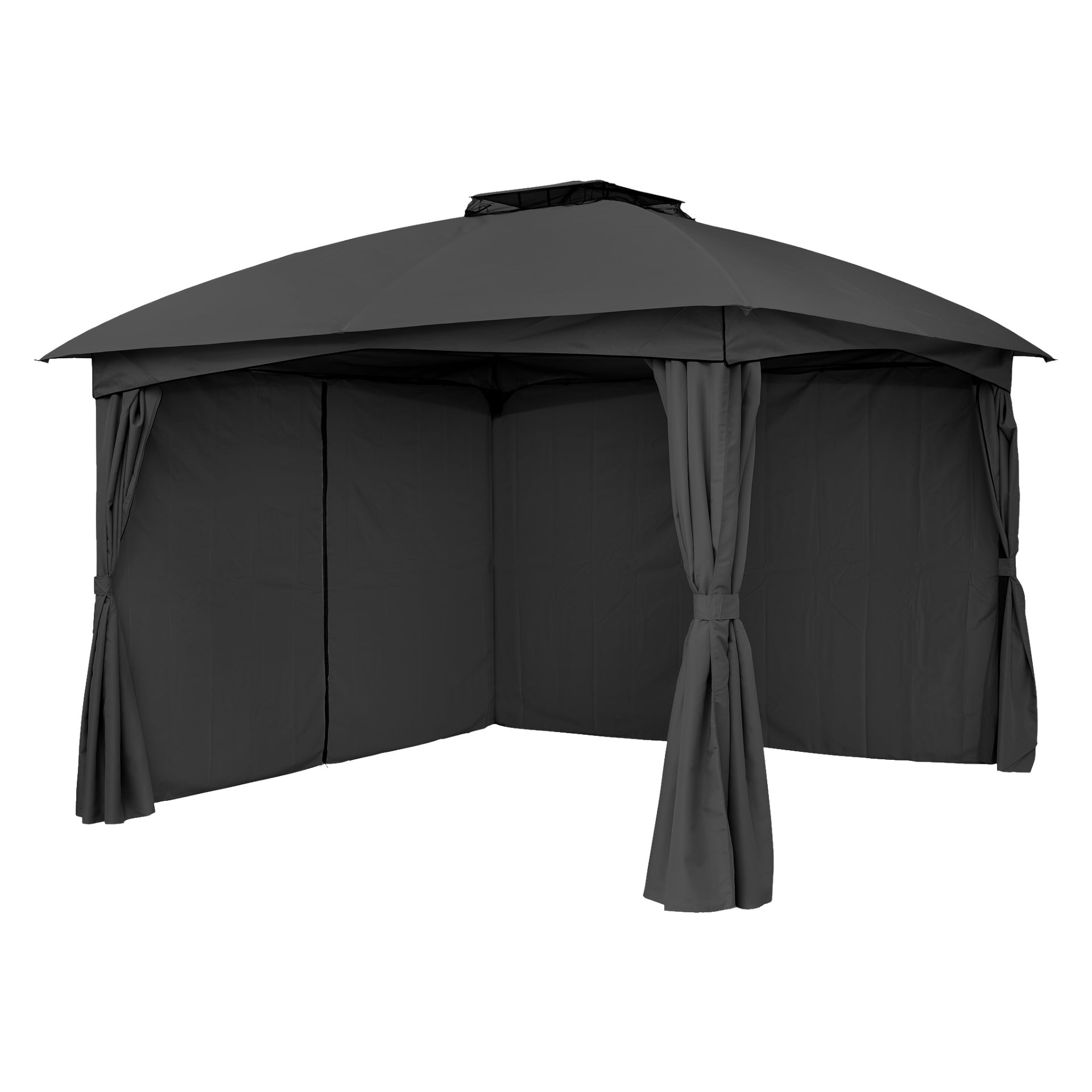 Ett hörnperspektiv av EKVIP Paviljongtältet med fem mörka tygpaneler visar gardiner knutna vid varje stolpe, vilket skapar en sluten vy under ett spetsigt tak. Uppsättningen har en öppen ingång, medan resten av sidorna är säkert täckta.