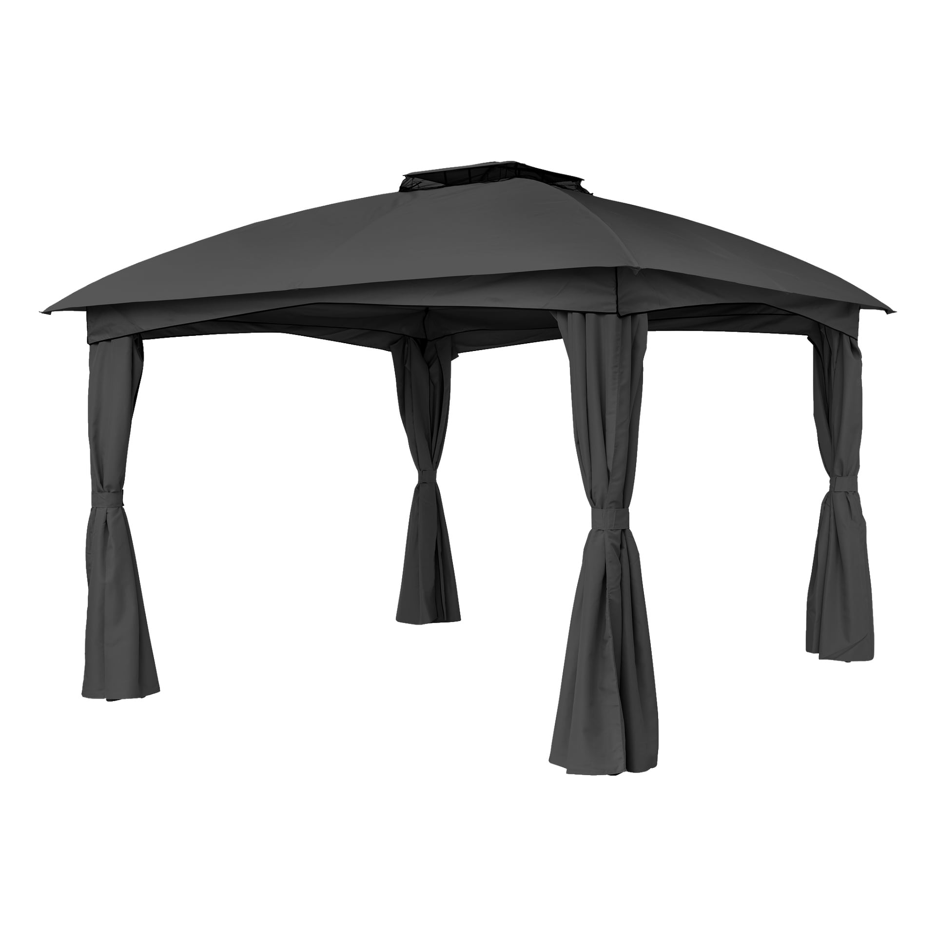 Ett mörkgrått, fyrkantigt EKVIP-lusthustält med dubbellager och fyra gardiner knutna i varje hörn. Produktnamn: Tak och väggar för paviljongtält, 5 delar.