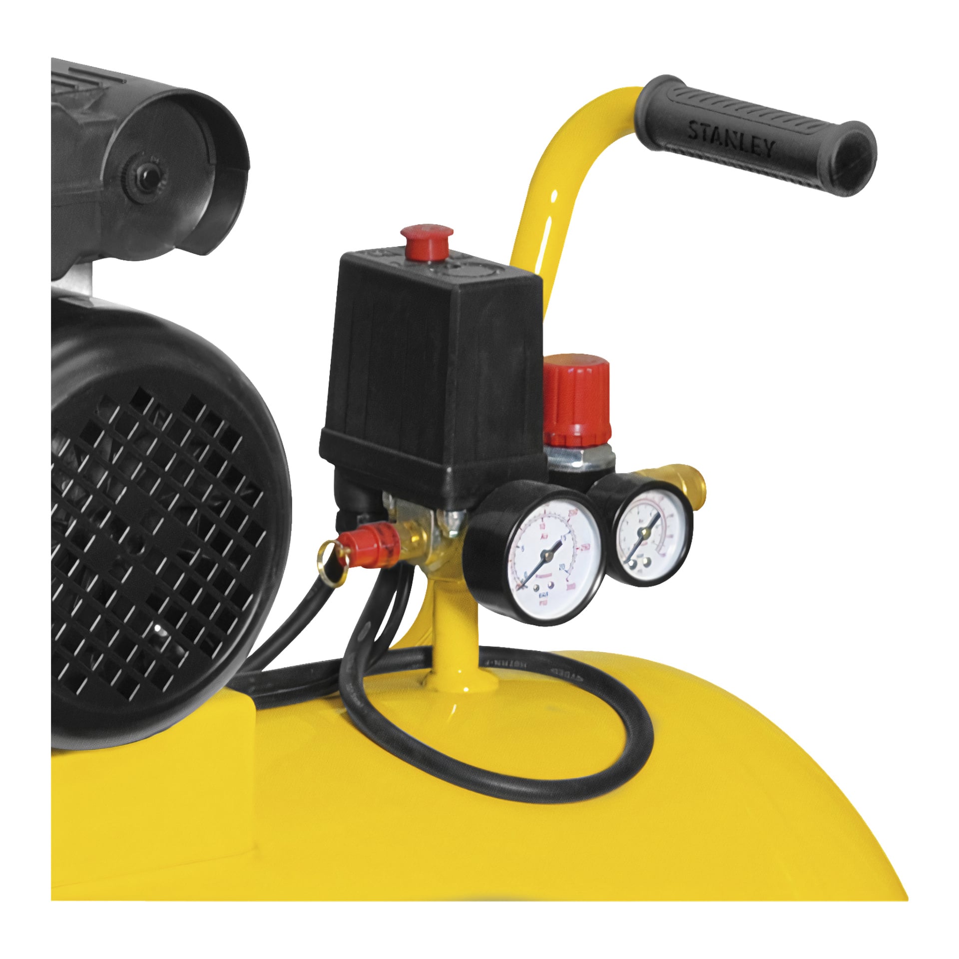 En delvis vy av en gul Stanley Compressor B 345E/9/100 visar dess svarta handtag med Stanley-logotypen, synliga tryckmätare, en röd strömbrytare, svart slang och styrbox.