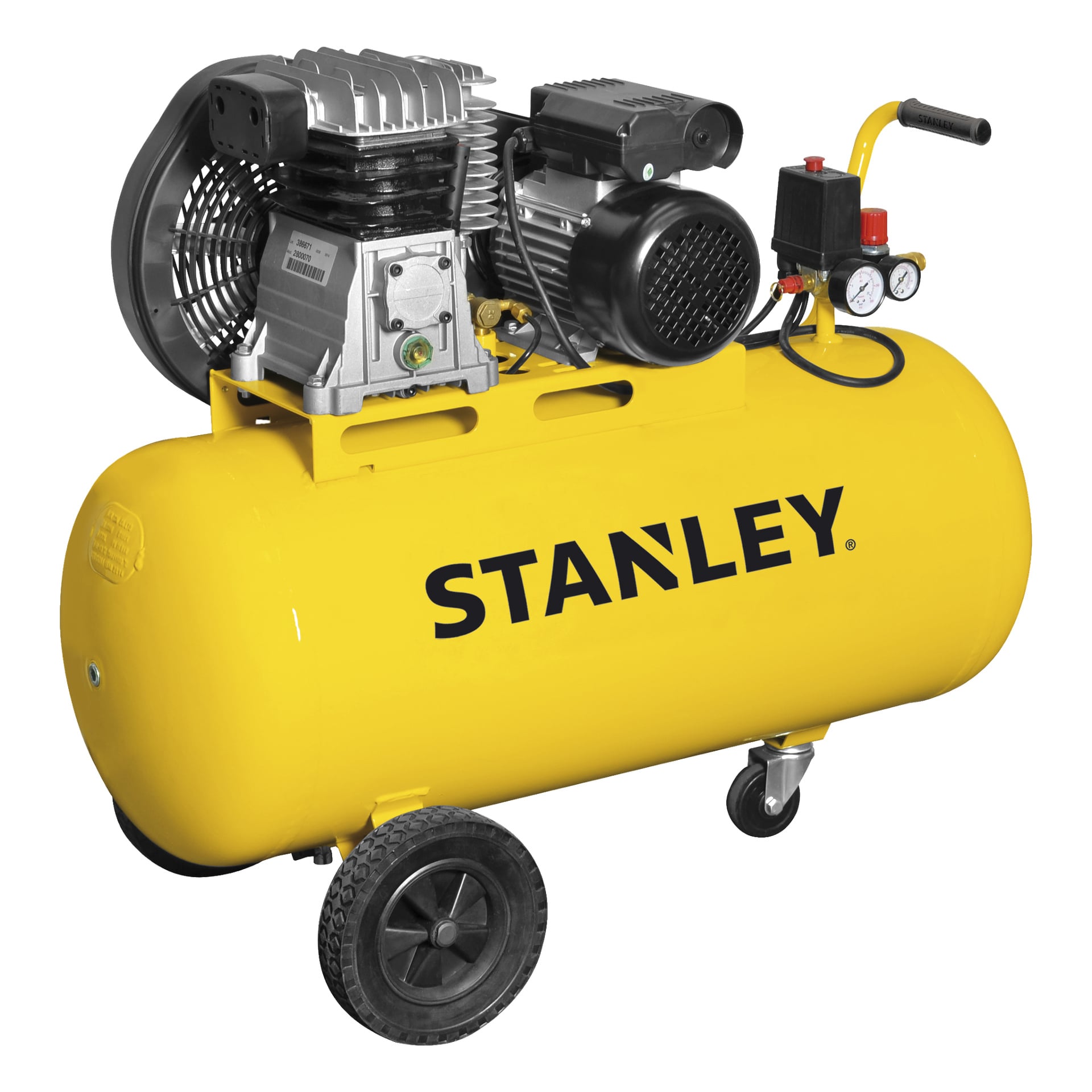 Stanley Compressor B 345E/9/100 visar en gul, horisontell tank med två svarta hjul och ett stadigt handtag för enkel rörelse. Den har tryckmätare och en motor monterad ovanpå, vilket gör den väl lämpad för industriella miljöer eller verkstäder där portabilitet är viktig.