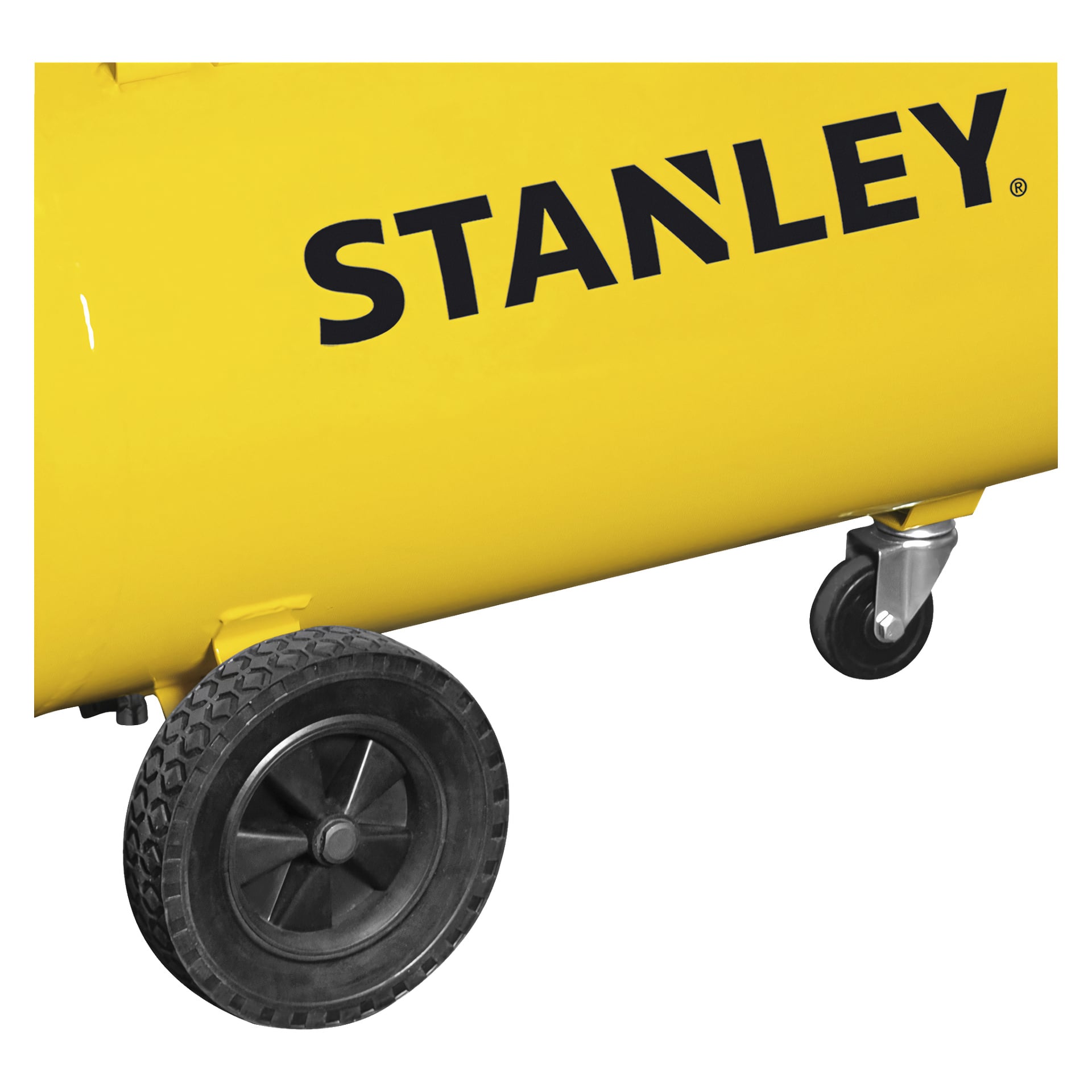 Detaljerad vy av Stanley Compressor B 345E/9/100, med dess svarta däck och hjulhjul. Den gula karossen visar varumärket STANLEY i framträdande svart text.