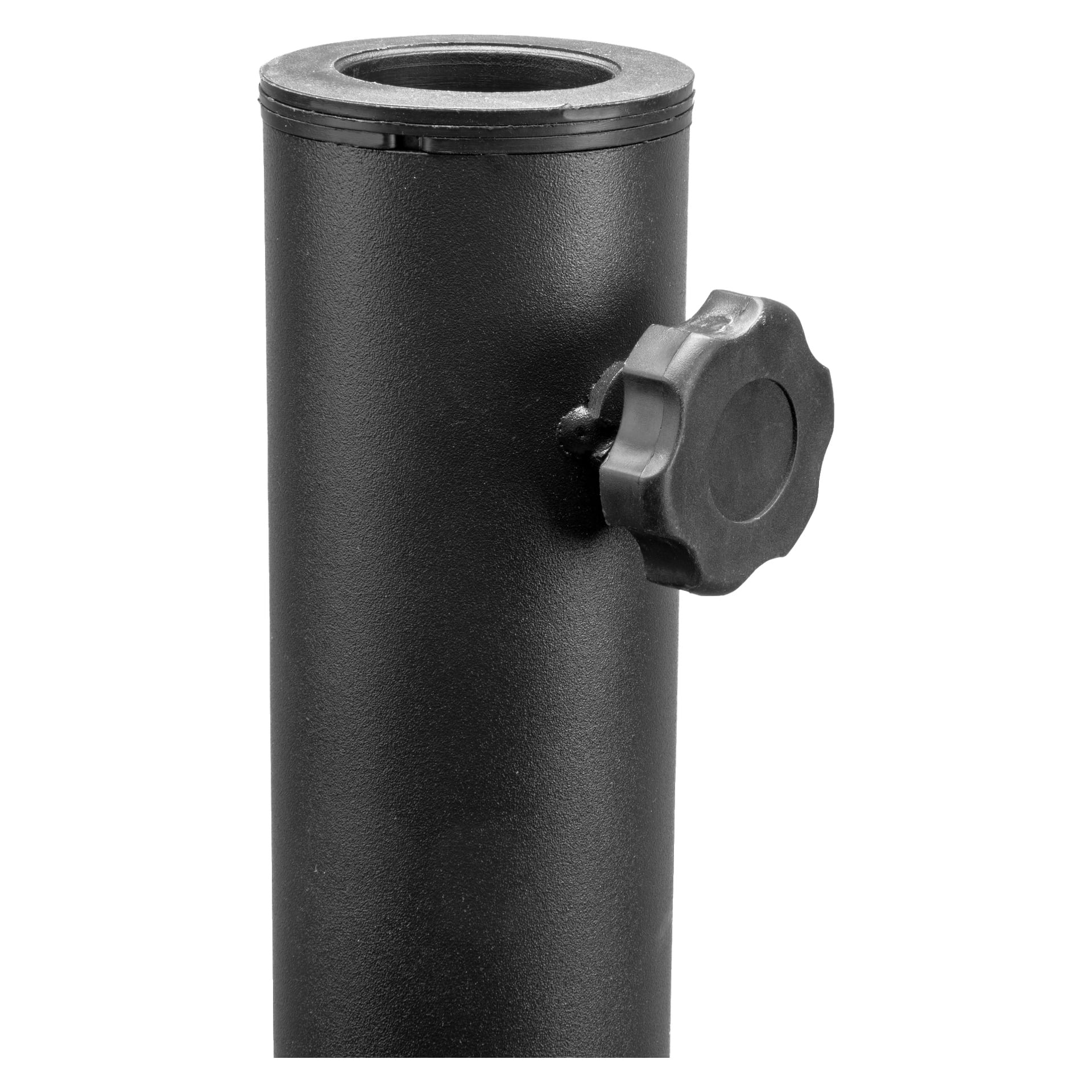 En närbild av EKVIP:s parasolsockel visar ett svart cylindriskt metallrör med en svart plastjusteringsknopp på sidan. Den öppna toppen av röret blottar en inre ring.