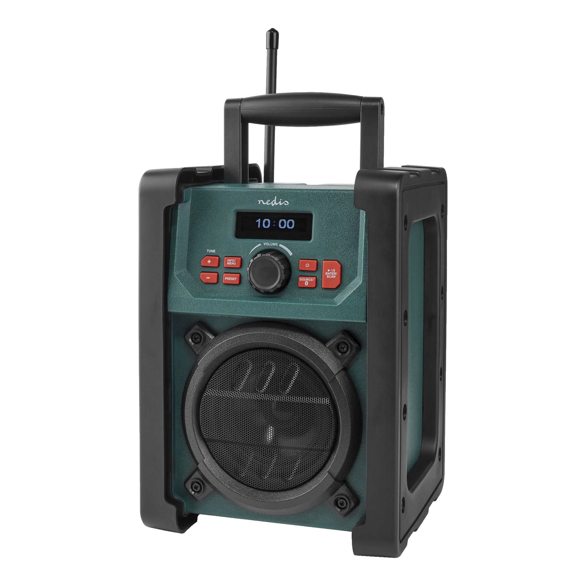 En grön och svart Nedis site radio utrustad med Bluetooth/DAB+, bärhandtag, antenn, digital skärm som visade 10:00, flera kontrollknappar, en framträdande volymratt och en fronthögtalare täckt av mesh.