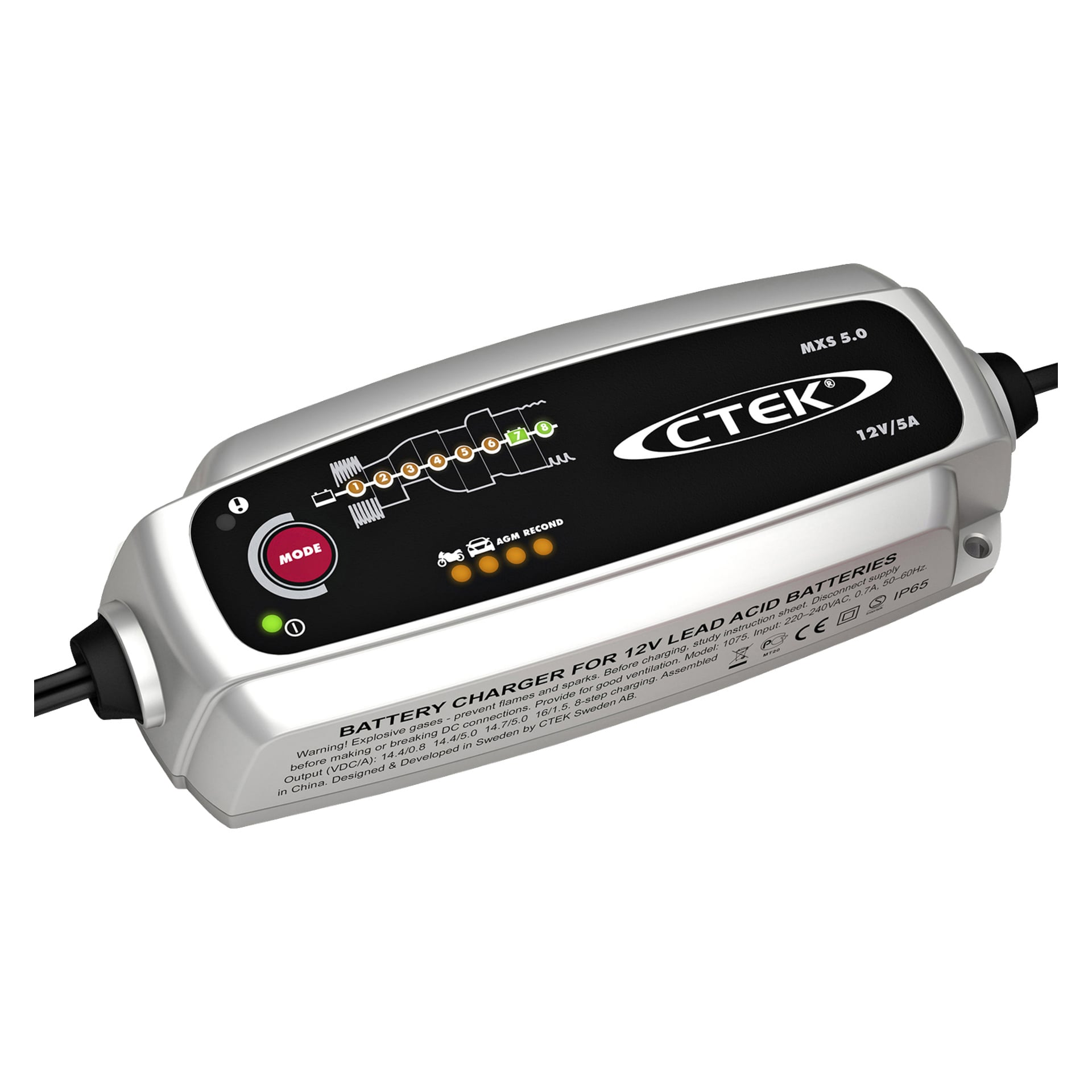 CTEK MXS 5.0 -akkulaturi on valmistettu 12V lyijyhappoakuille ja sisältää tilapainikkeen, ilmaisimen valot, edistymispalkin näytön sekä tekniset tiedot, jotka on painettu suoraan laitteen pinnalle.