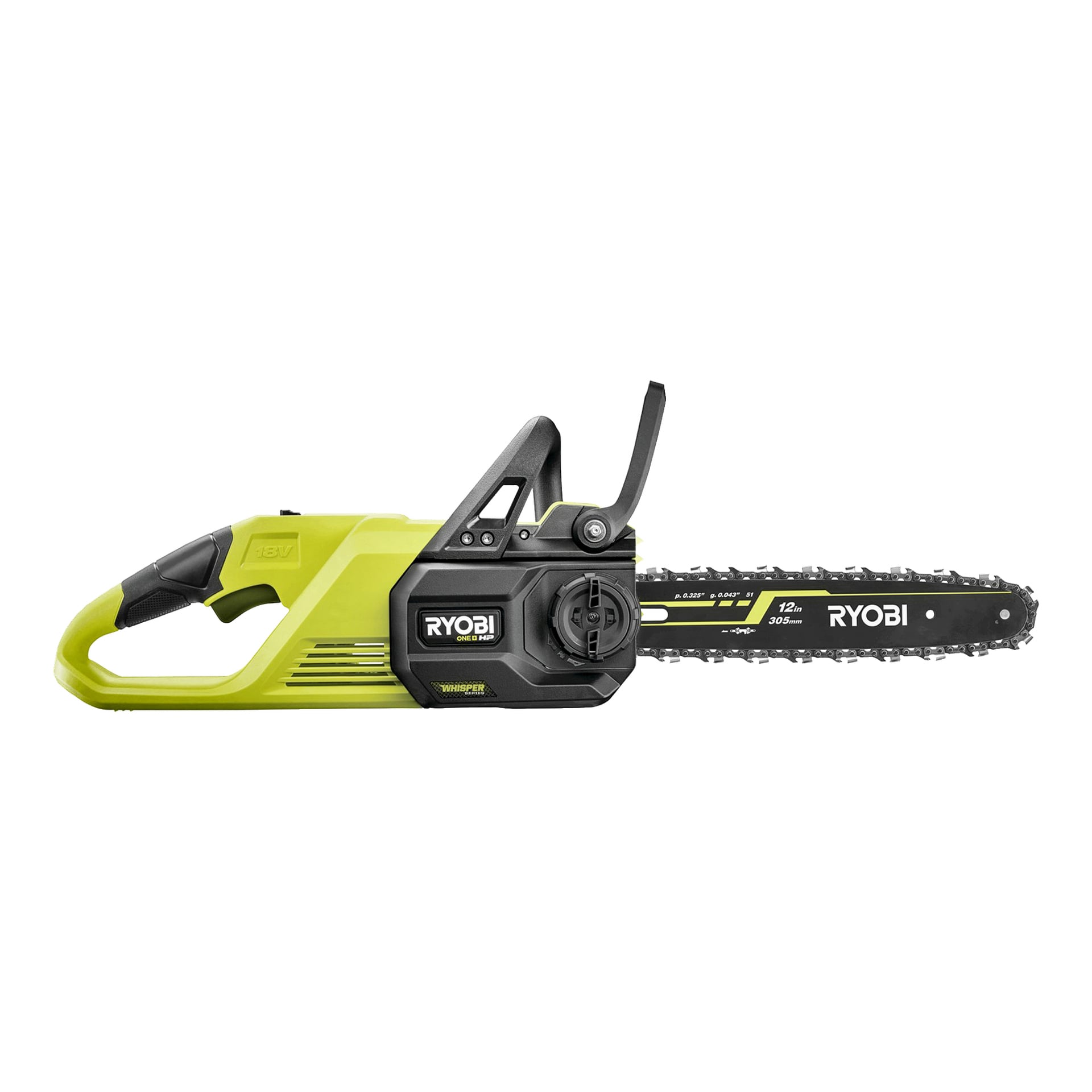 Ryobi One+ Chain Saw RY18CSX30A-0 to bezprzewodowa piła łańcuchowa 18V z 12-calowym ostrzem, zielono-czarnym kolorystycznym schematem, boczną rękojeścią, osłoną bezpieczeństwa oraz wyraźnie widocznym znakiem Ryobi zarówno na boku, jak i na ostrzu.