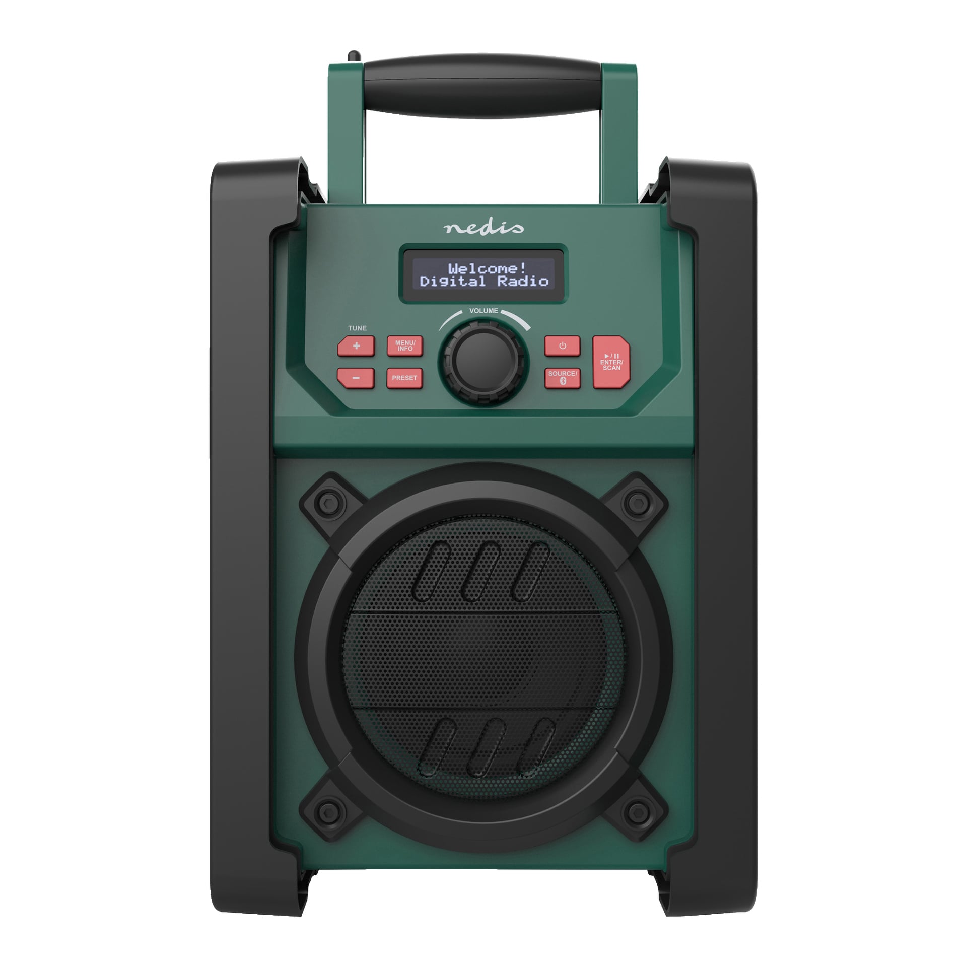 En grön och svart Nedis arbetsplatsradio med Bluetooth och DAB+ har ett bärhandtag, en rund högtalare, en display som säger "Välkommen! Digital radio," röda knappar för kontroller och en stor volymratt i mitten av frontpanelen.