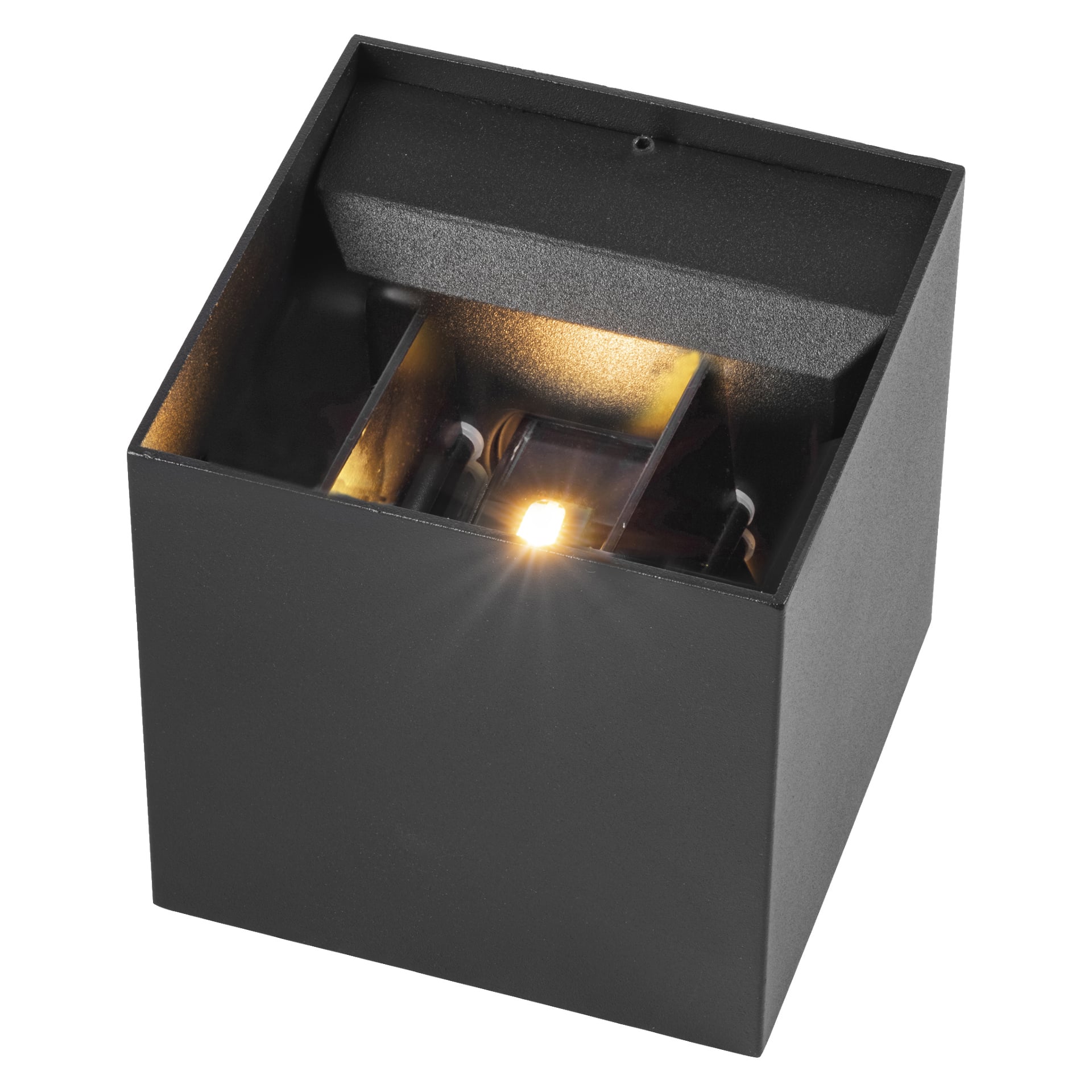 EKVIP Wall spotlight är en fyrkantig, svart lådaformad armatur med en synlig glödlampa inuti, som kastar ljus uppåt och genom vertikala ribbor i lådan.