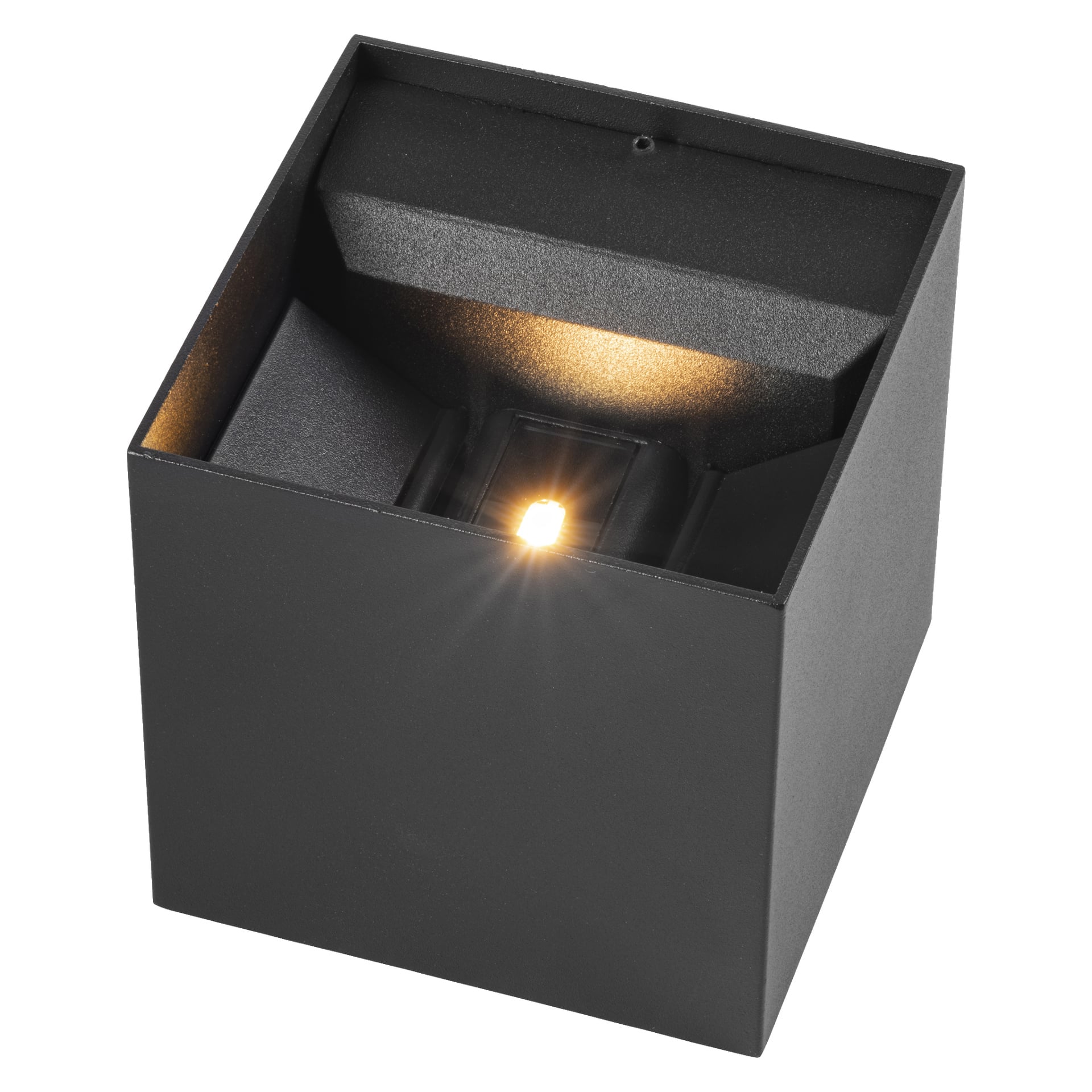 En svart, fyrkantig EKVAP-väggstrålkastare med en infälld LED-lampa i mitten, designad för samtida inomhus- eller utomhusbruk.