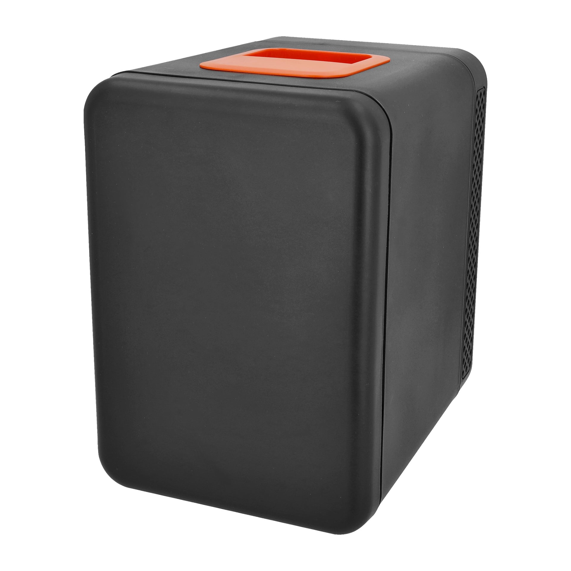 Ett litet rektangulärt svart Mini Fridge från Bright har rundade kanter, ett orange handtag på toppen och en ventilerad panel på ena sidan.