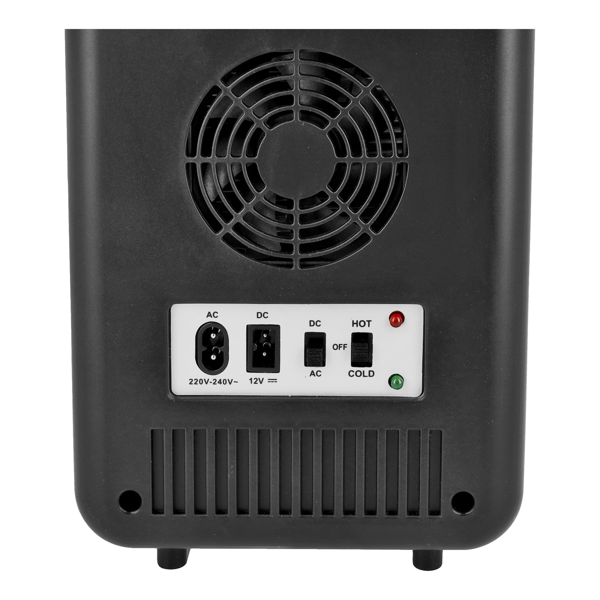 Detaljerad vy av Bright Mini Fridges bakpanel, med en ventilationsfläkt, AC- och DC-strömingångar, en strömbrytare för varm/kall/av-inställningar och två indikatorlampor—en röd, en grön.