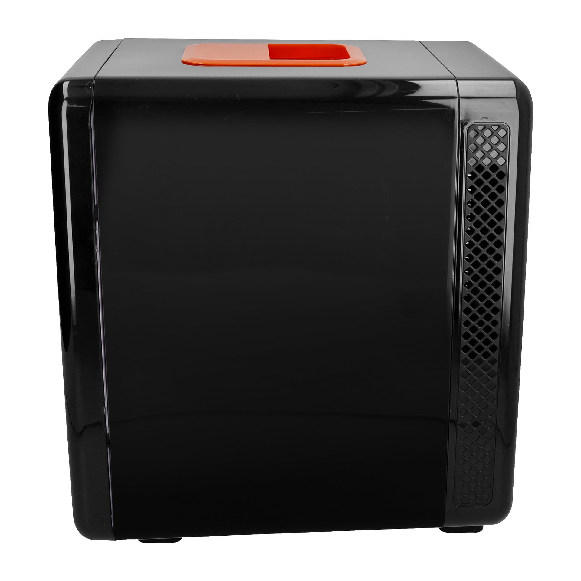 Kiiltävä musta Bright Mini Fridge, jossa on neliönmuotoinen, oranssi yläkahva ja tuuletettu paneeli oikealla puolella.