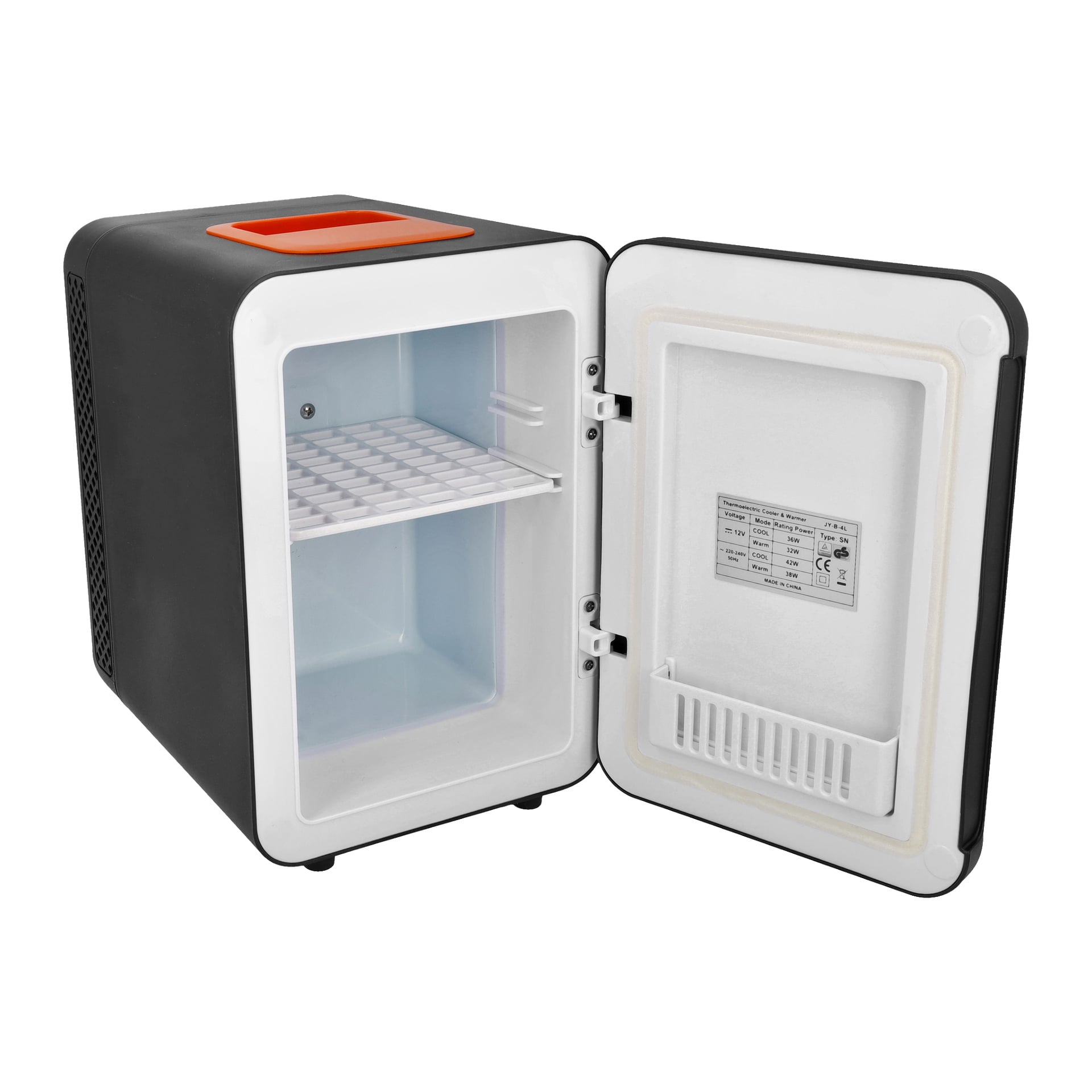 Ett öppet Bright Mini Fridge visar sin eleganta svartvita fasad med orange handtag. Inuti finns en enda hylla och en dörr med ett inbyggt förvaringsutrymme. Kylskåpet är tomt och en specifikationsetikett syns på insidan av dörren.