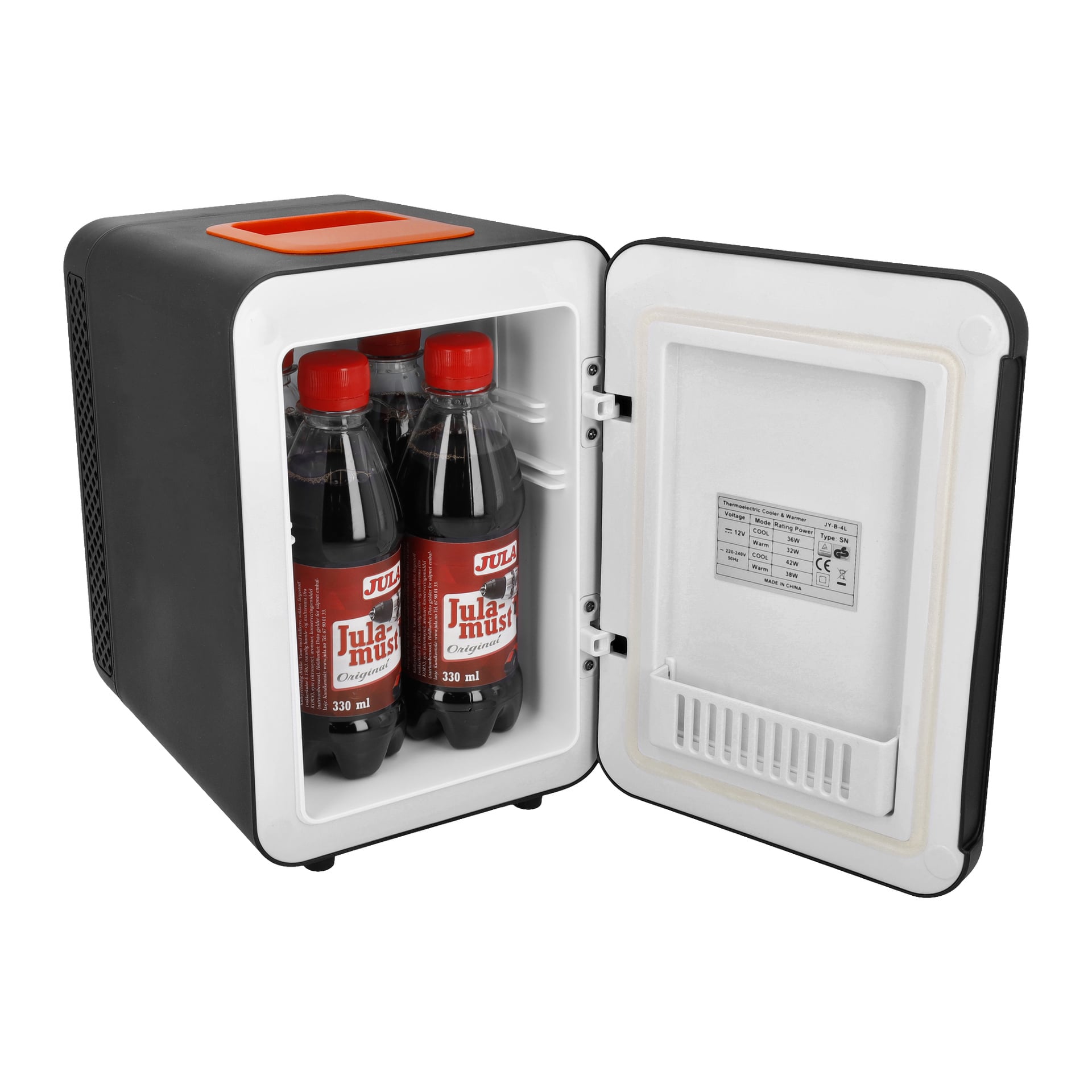 Ett litet svartvitt Bright Mini Fridge med ett rött handtag, med öppen dörr och fem flaskor Julmust-läsk inuti.