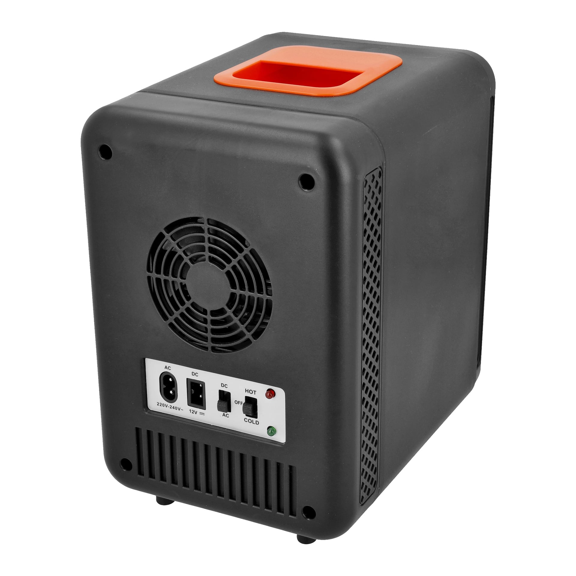 Bright Mini Fridge har en kompakt svart och orange design med fläkt, flera strömbrytare, indikatorlampor och olika strömingångsportar, allt på frontpanelen. Ett infällt handtag på toppen gör det lätt att bära.