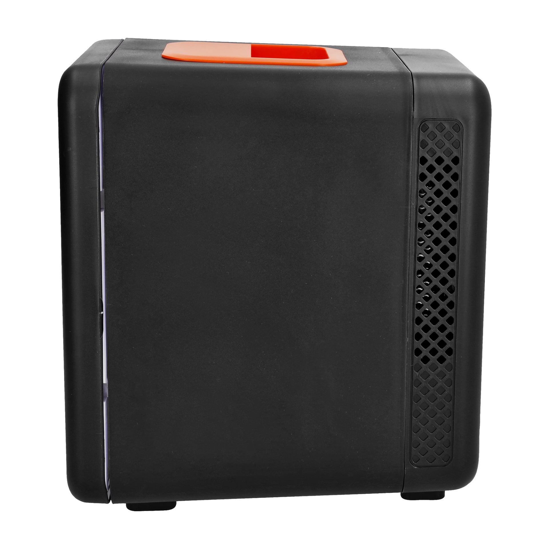 Bright Mini Fridge är en stilfull, kompakt svart apparat med fyrkantig form, orange handtag och en ventilerad panel på höger sida. Den vilar på fyra små fötter för stöd.