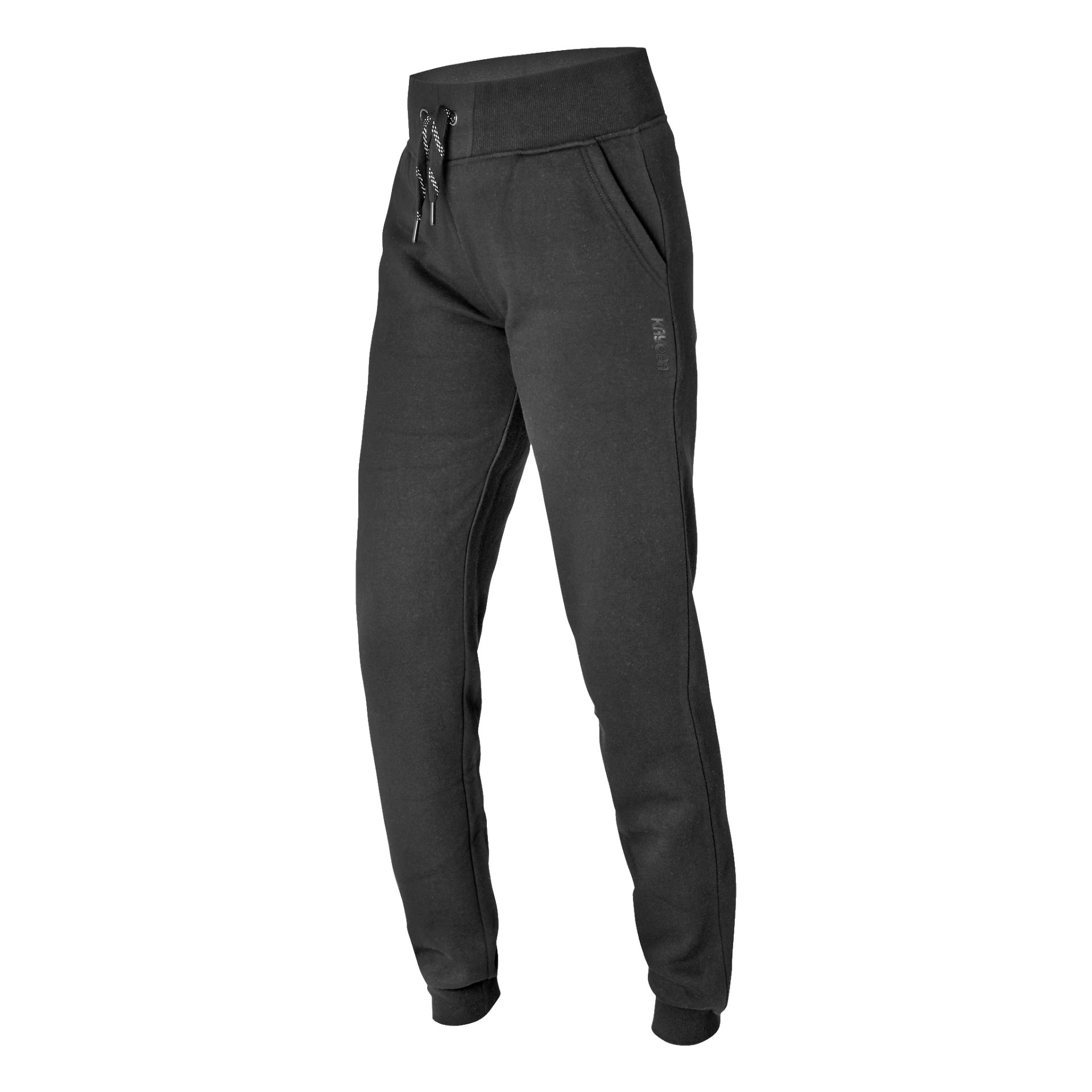 Kayoba svarta joggingbyxor för kvinnor med elastiskt midjeband och dragsko, sidofickor och ribbade muddar, placerade i en lätt vinkel för att framhäva vänster sida.