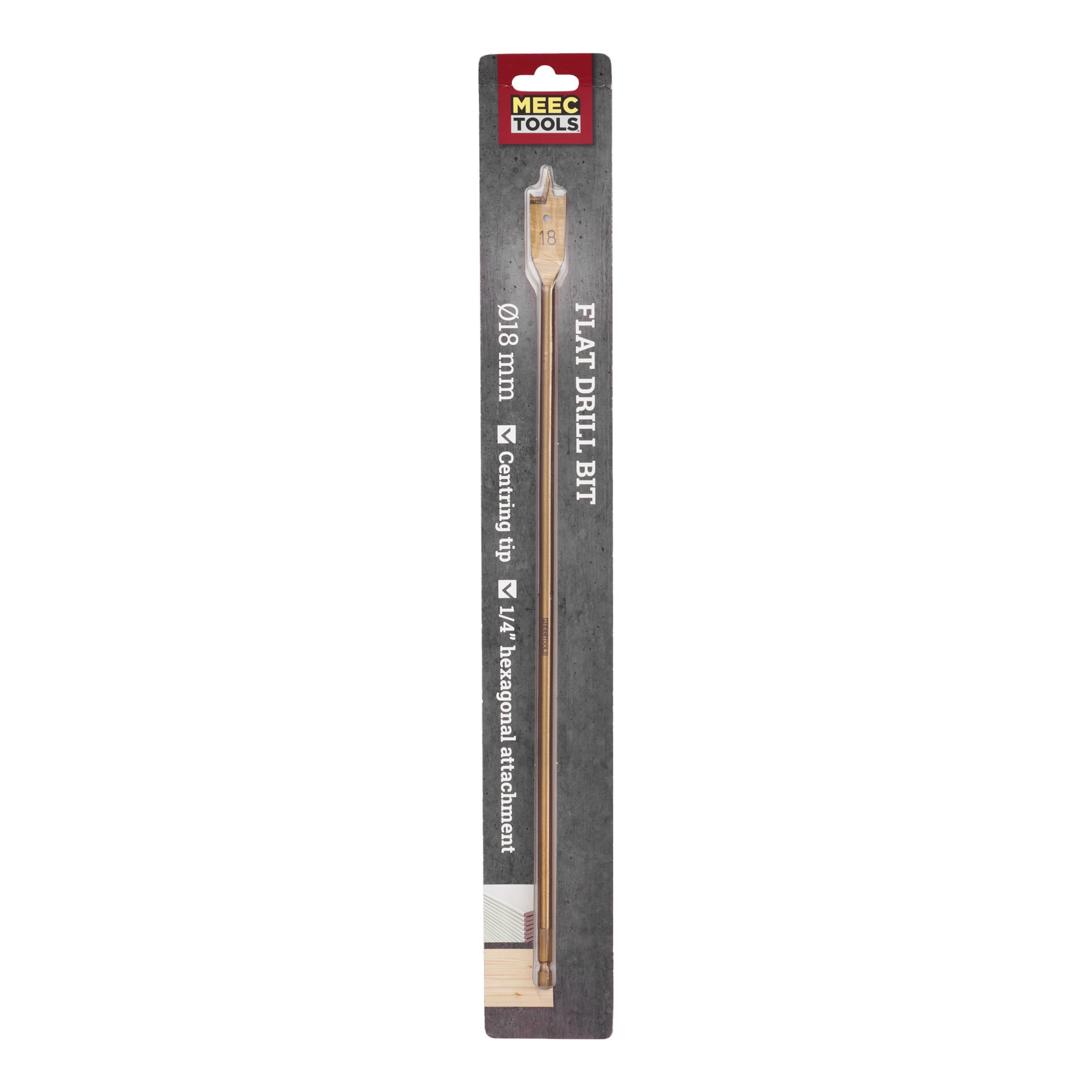 En Meec Tools-märkt centerborr i förpackningen, som anger Ø18 mm, karbidspets och 1/4" sexkantigt fäste. Borren är förlängd med en platt, paddelliknande skärspets.