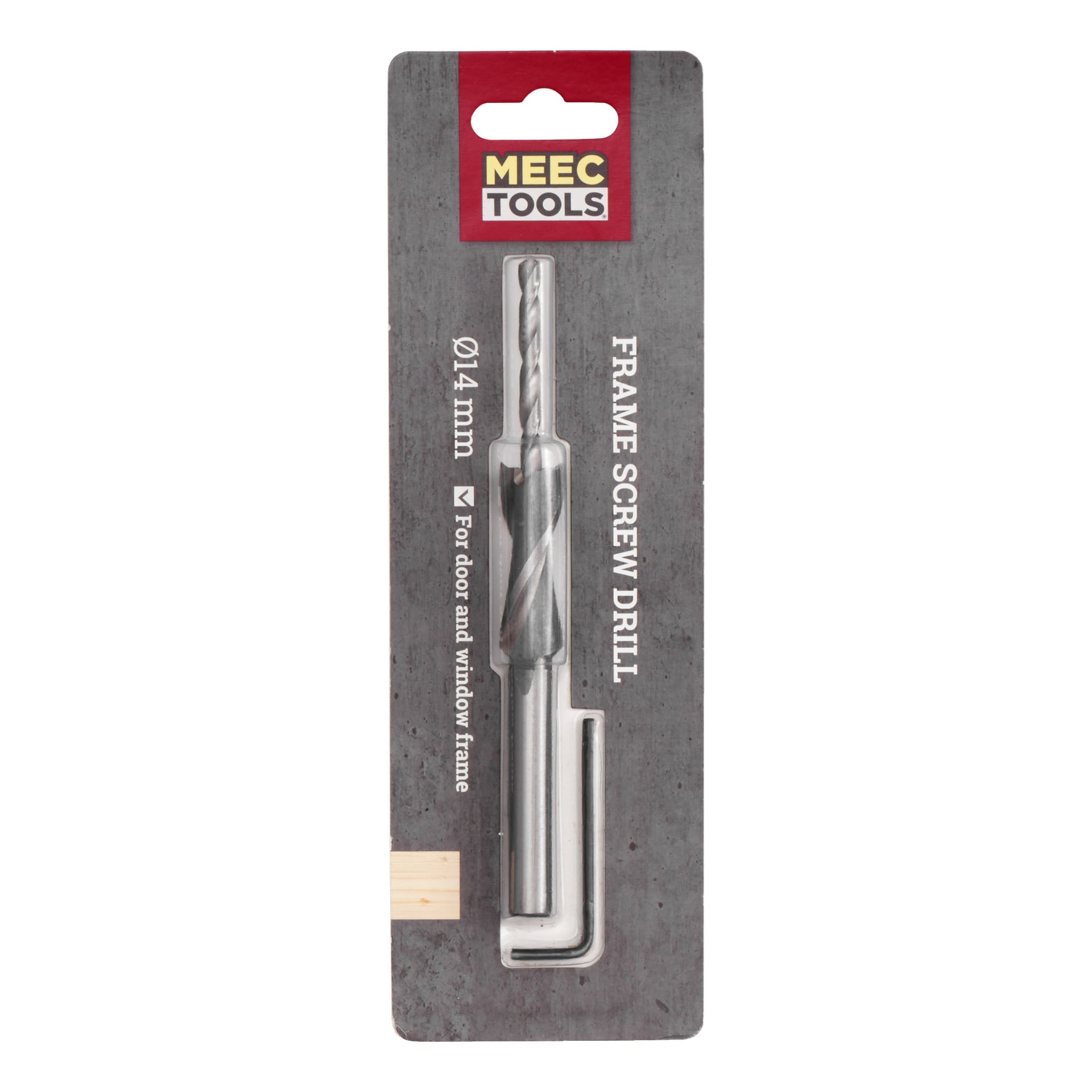 En 14 mm Meec Tools Frame Screw Drill Drill Display står upprätt i transparent plast- och kartongförpackning, med produktdetaljer, avsedd för användning med dörr- och fönsterkarmar.