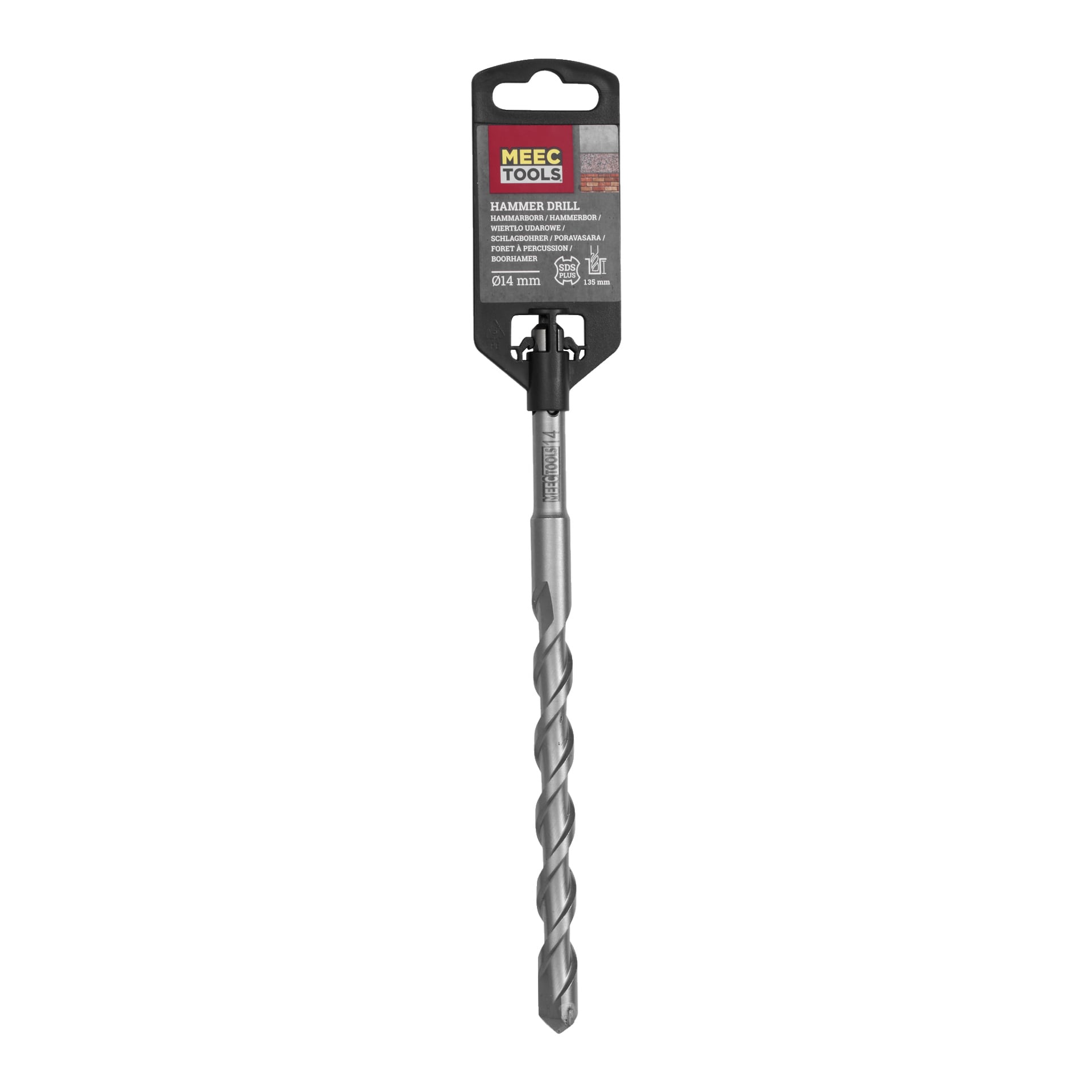 Ett förpackat Meec Tools betongborr, 14 mm i diameter, med en silverspiral och en etikett som visar produktinformation.