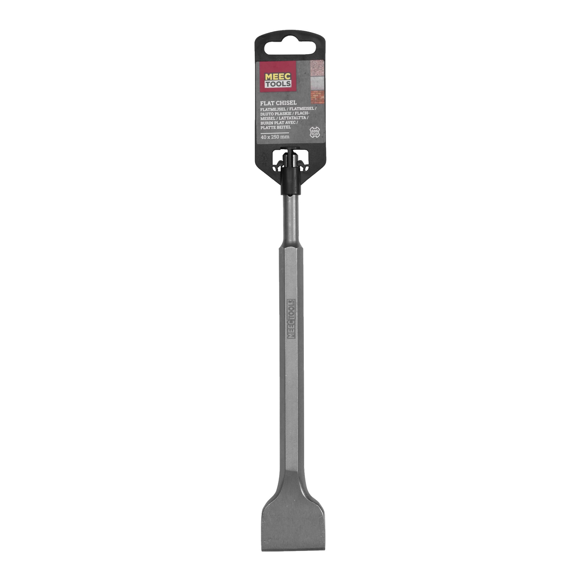 En platt mejsel från Meec Tools med ett grått metallblad, en avfasad rektangulär spets och ett kort, fyrkantigt handtag. Verktyget levereras med en kartongetikett märkt "Meec Tools."