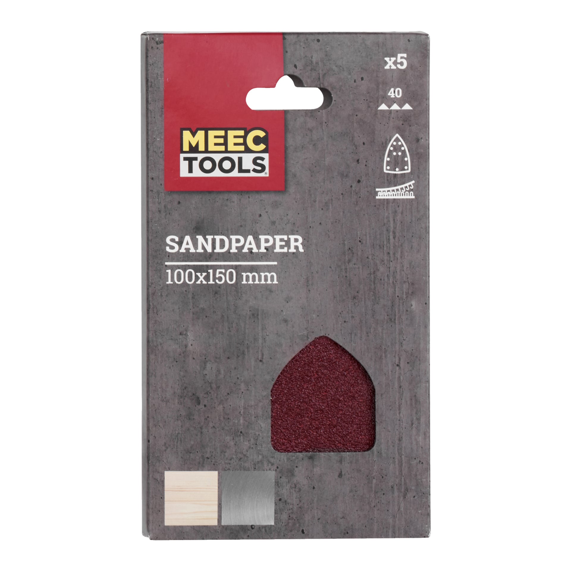 Meec Tools slippapper för multislipare, storleken 100x150 mm med kornstorlek 40, innehållande fem ark. Förpackningen är grå med en röd och gul Meec Tools-logga och har ett genomskinligt fönster som avslöjar sandpappret inuti.
