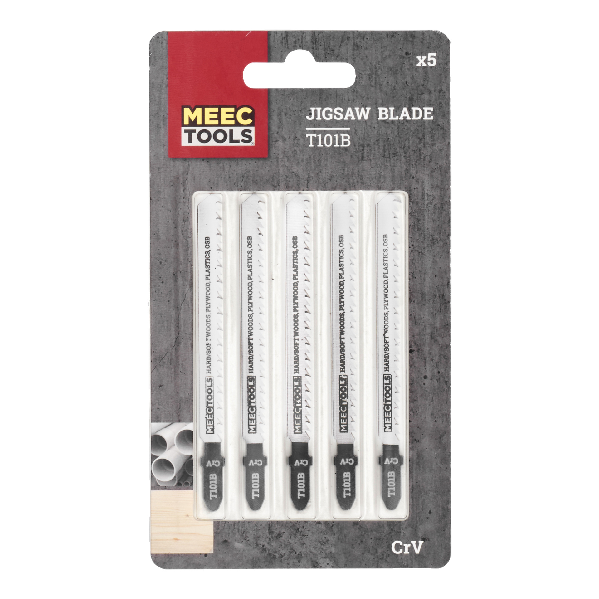 Fem Meec Tools Jigsaw Blade 5 Pack-blad syns inuti plastförpackningar som visar deras lämplighet för att skära trä, plywood och plast, och noterar att de är tillverkade av CrV-material. Bakgrunden är grå och innehåller en liten bild av ett rör.