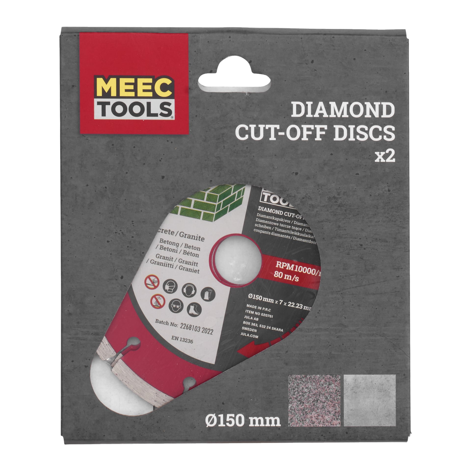 Par diamantskärskivor från Meec Tools med 150 mm diameter, avsedda för användning på betong och granit. Förpackningen visar produktdetaljer och har ett fönster som visar skivorna inuti.
