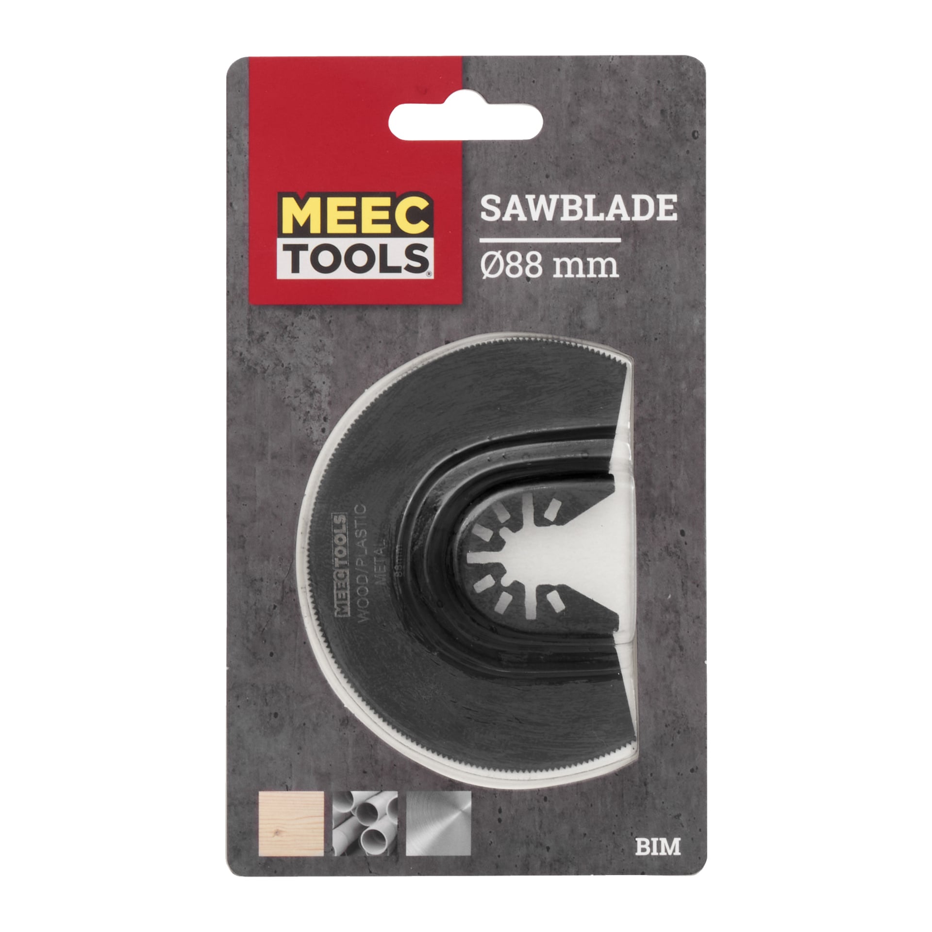 Ett 88 mm Meec Tools-sågblad visas i förpackningen på en grå yta, med ikoner nedanför som indikerar kompatibilitet med trä, plast och metall.