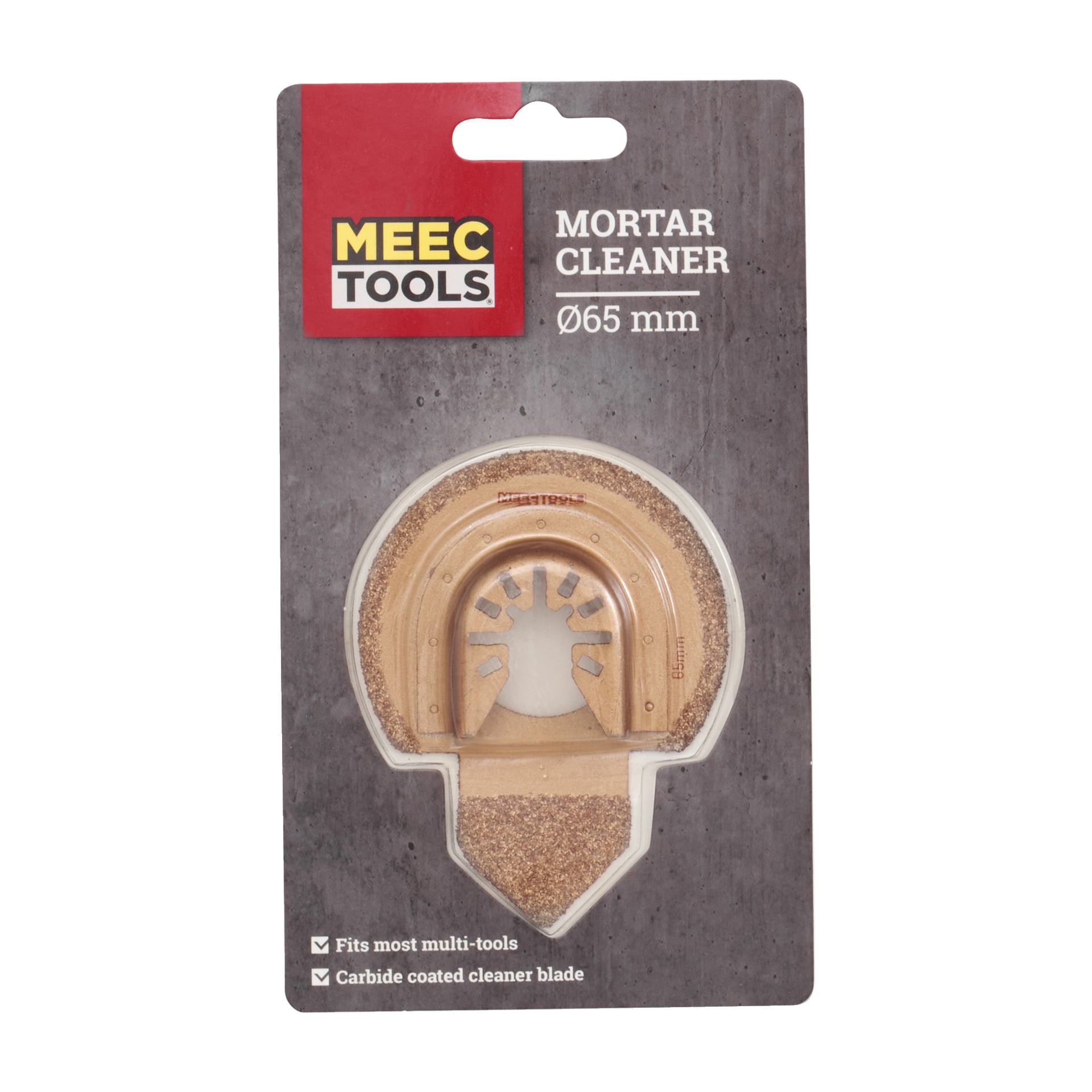 En Meec Tools fogskrapa, förpackad och utrustad med ett 65 mm karbidbelagt blad kompatibelt med de flesta multiverktyg, visas bakom ett genomskinligt plastfönster på en grå bakgrund.