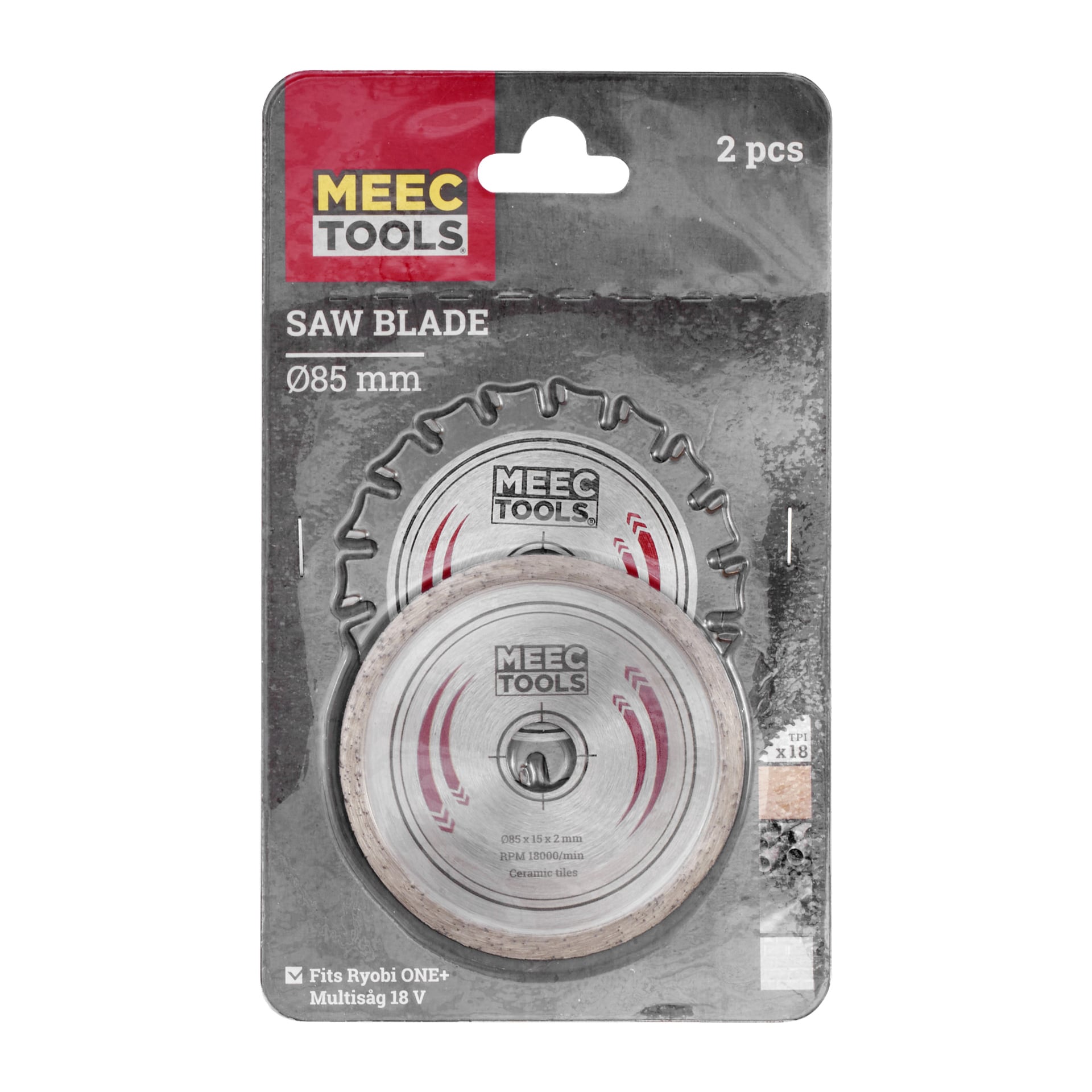 Ett Meec Tools-paket märkt "Sågblad 2 delar" rymmer två 85 mm blad, kompatibla med Ryobi ONE+-system och avsedda för att skära keramik och kakel. Den genomskinliga förpackningen visar båda sågbladen inuti.