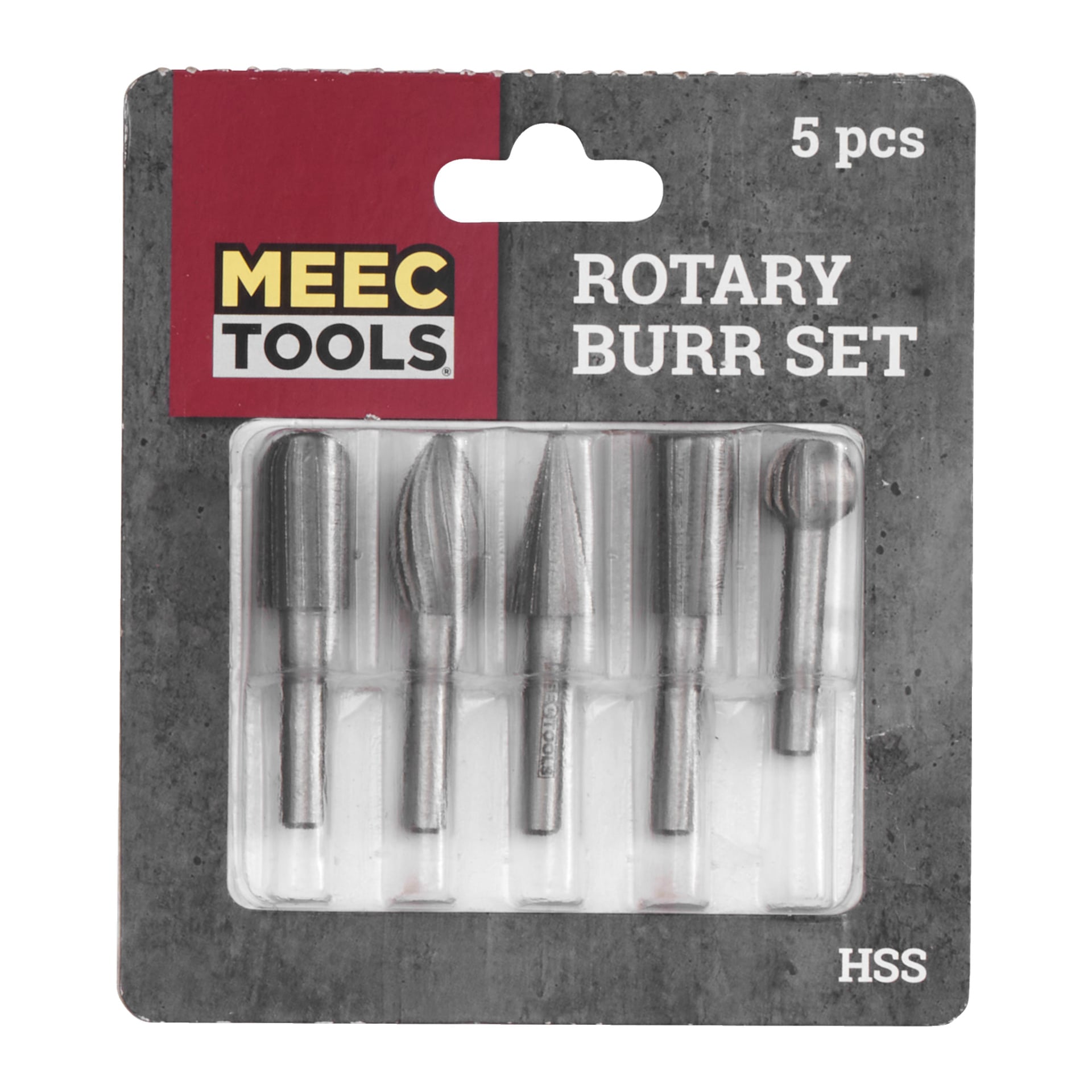 Ein verpacktes Meec Tools Rotary Burr Set mit fünf Metallmahlwerken in verschiedenen Formen, präsentiert in einer durchsichtigen Kunststoffblisterpackung. Das graue Etikett zeigt den Text "5 PCS ROTARY BURR SET" und "HSS." an.