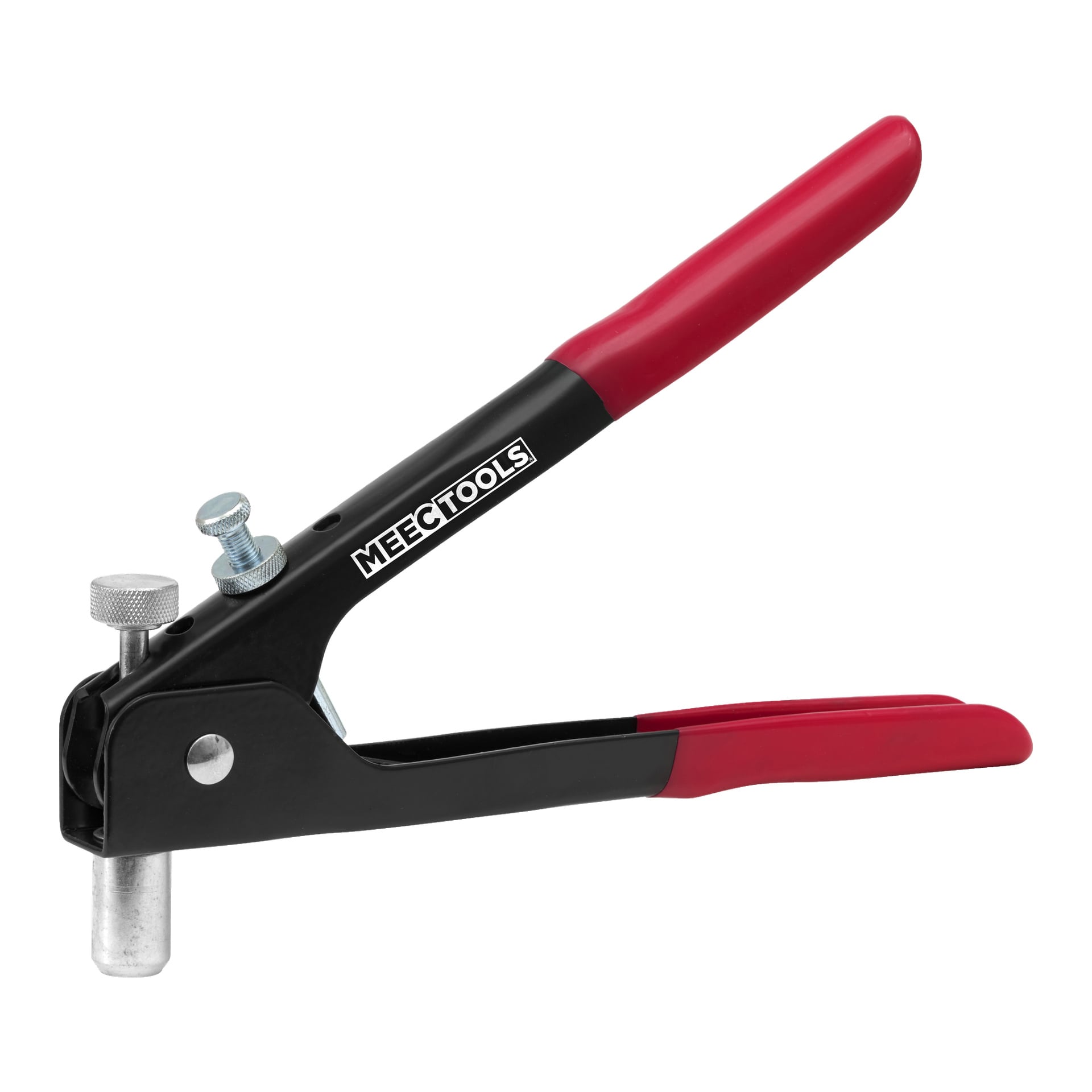 Ett 86-delat Meec Tools blindnitmutterkit, inklusive en handhållen nitpistol med svart metallkonstruktion, röda handtag och justerbara skruvar för att fästa nitar i olika material.