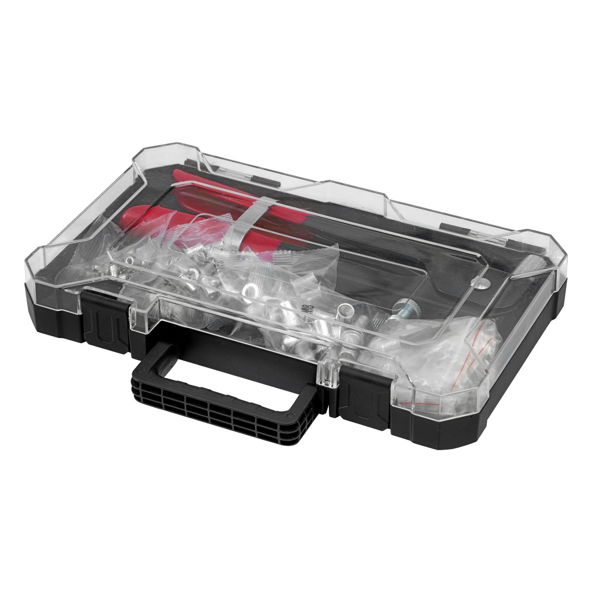 Ett svart och genomskinligt plastfodral från Meec Tools rymmer ett 86-delat set med blindnitmutter, med små delar organiserade i plastpåsar, och har ett handtag för enkel transport.